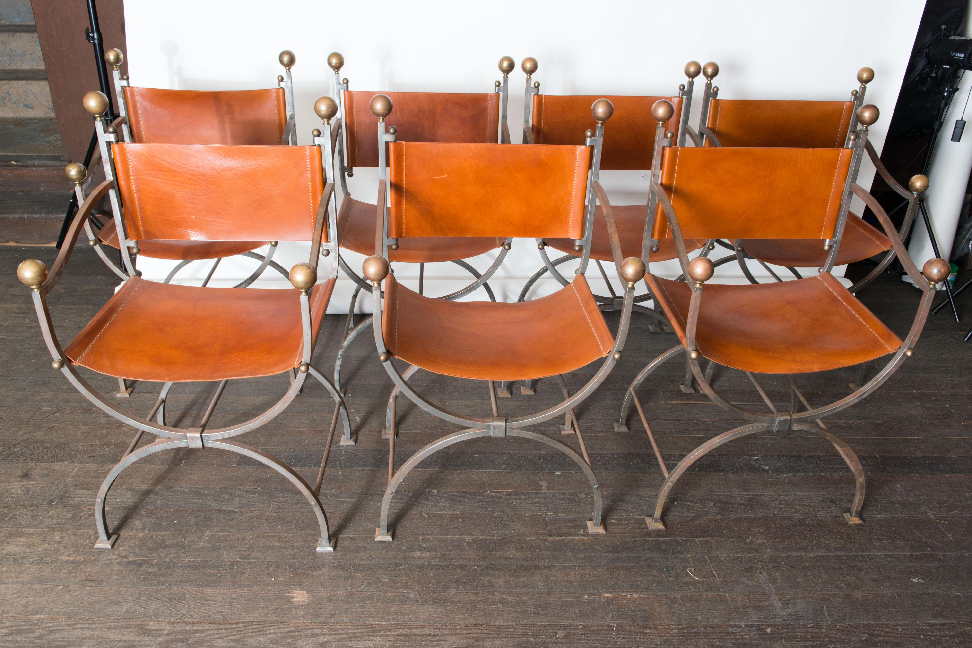Set of Eight Italian Steel and Leather Curule Chairs For Sale 5