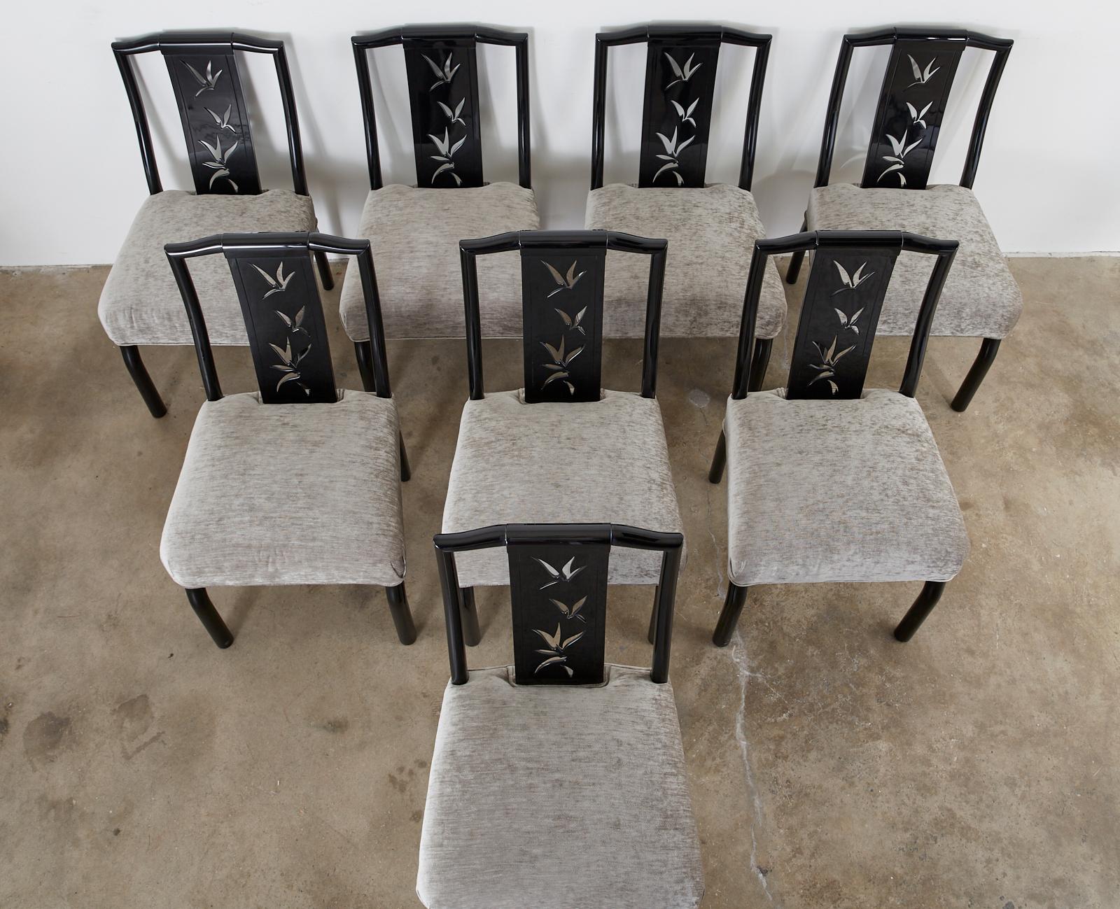 Velvet Set of Eight James Mont Lacquered Dining Chairs For Sale