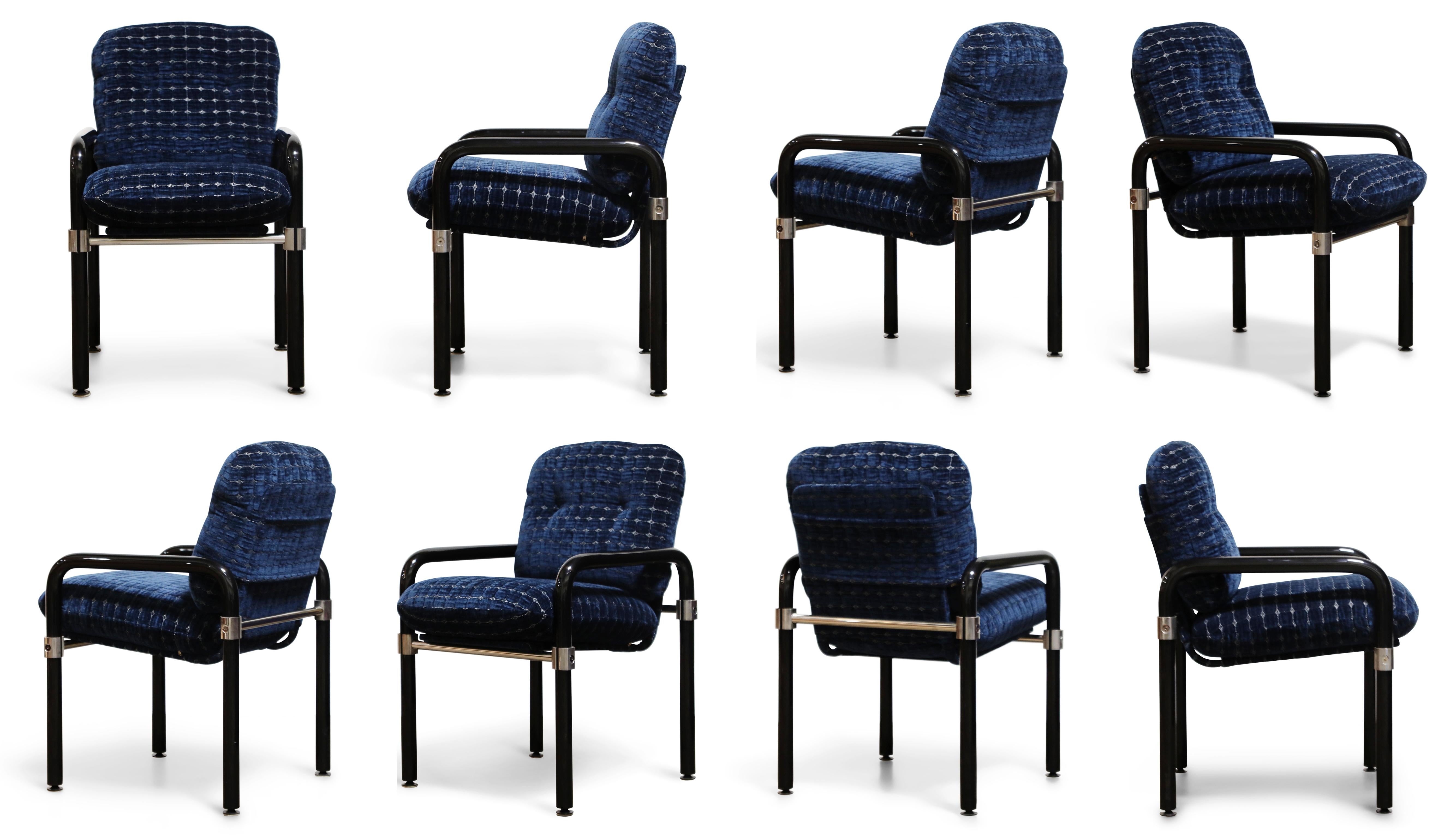 A set of eight (8) near mint condition chairs that are equally pieces of Post-Modern art, in the Pipe Line Series, this set in a limited edition run of 