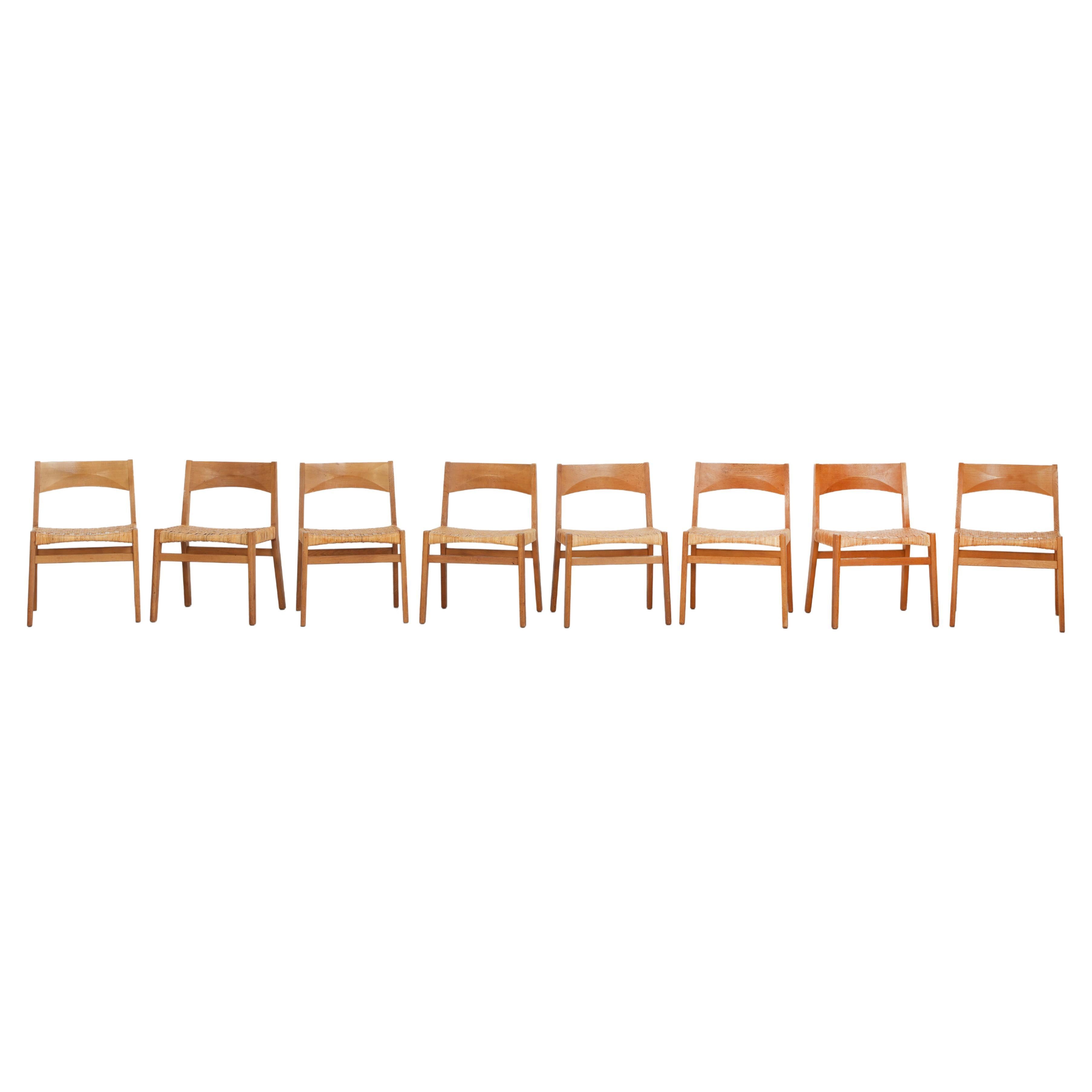 Set of eight John Vedel Rieper Dining Chairs in oak and cane, 1962 For Sale
