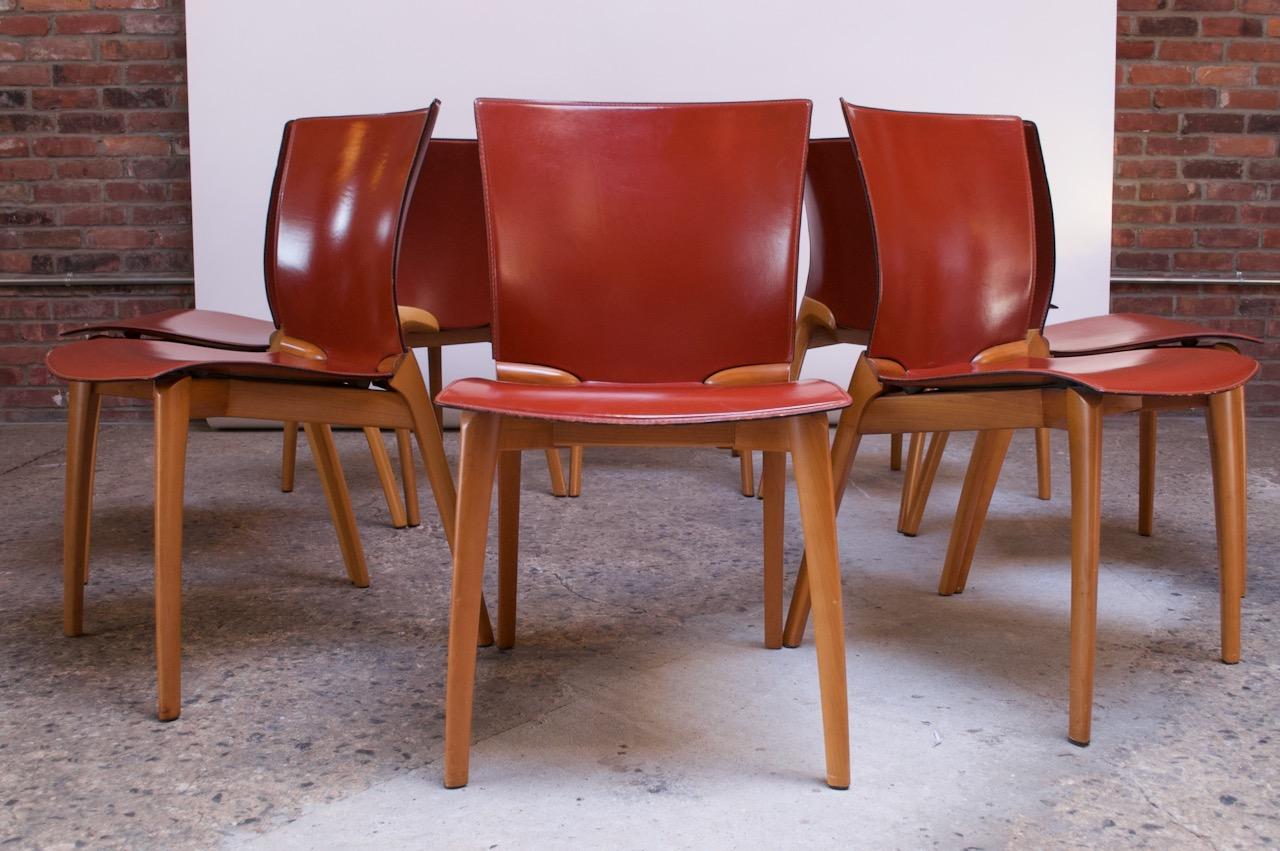 Post-Modern Set of Eight Josep Llusca ‘Cos’ Chairs for Cassina in Red Leather and Beechwood