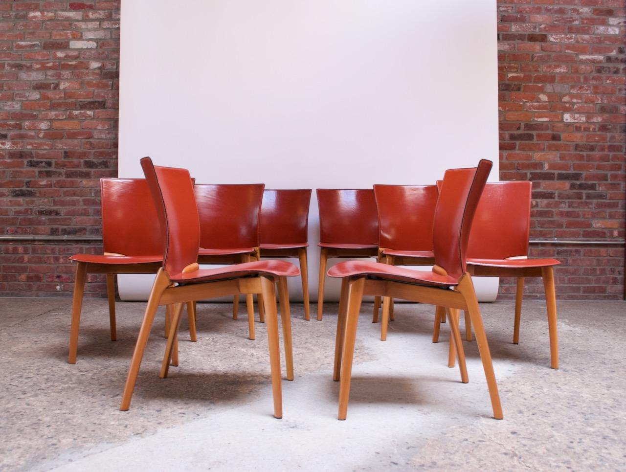 Italian Set of Eight Josep Llusca ‘Cos’ Chairs for Cassina in Red Leather and Beechwood