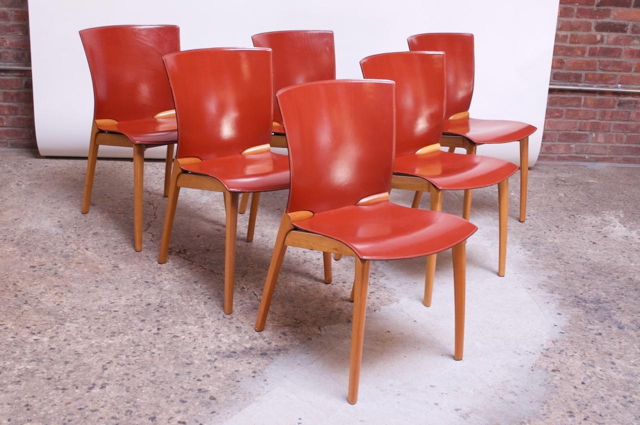 Set of Eight Josep Llusca ‘Cos’ Chairs for Cassina in Red Leather and Beechwood In Good Condition In Brooklyn, NY