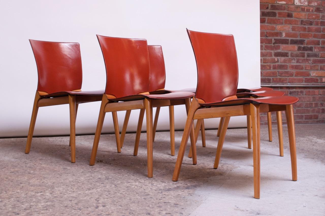 Late 20th Century Set of Eight Josep Llusca ‘Cos’ Chairs for Cassina in Red Leather and Beechwood