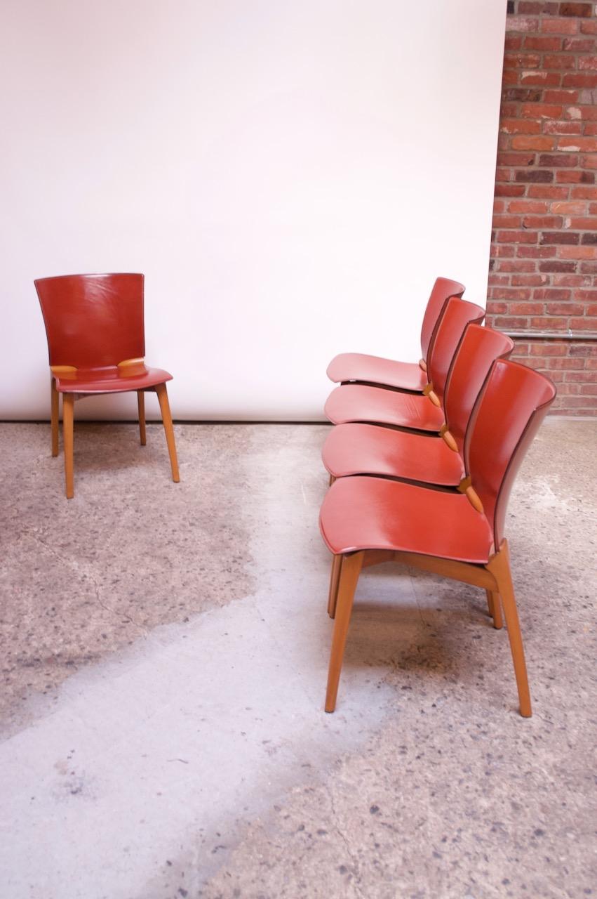 Set of Eight Josep Llusca ‘Cos’ Chairs for Cassina in Red Leather and Beechwood 1