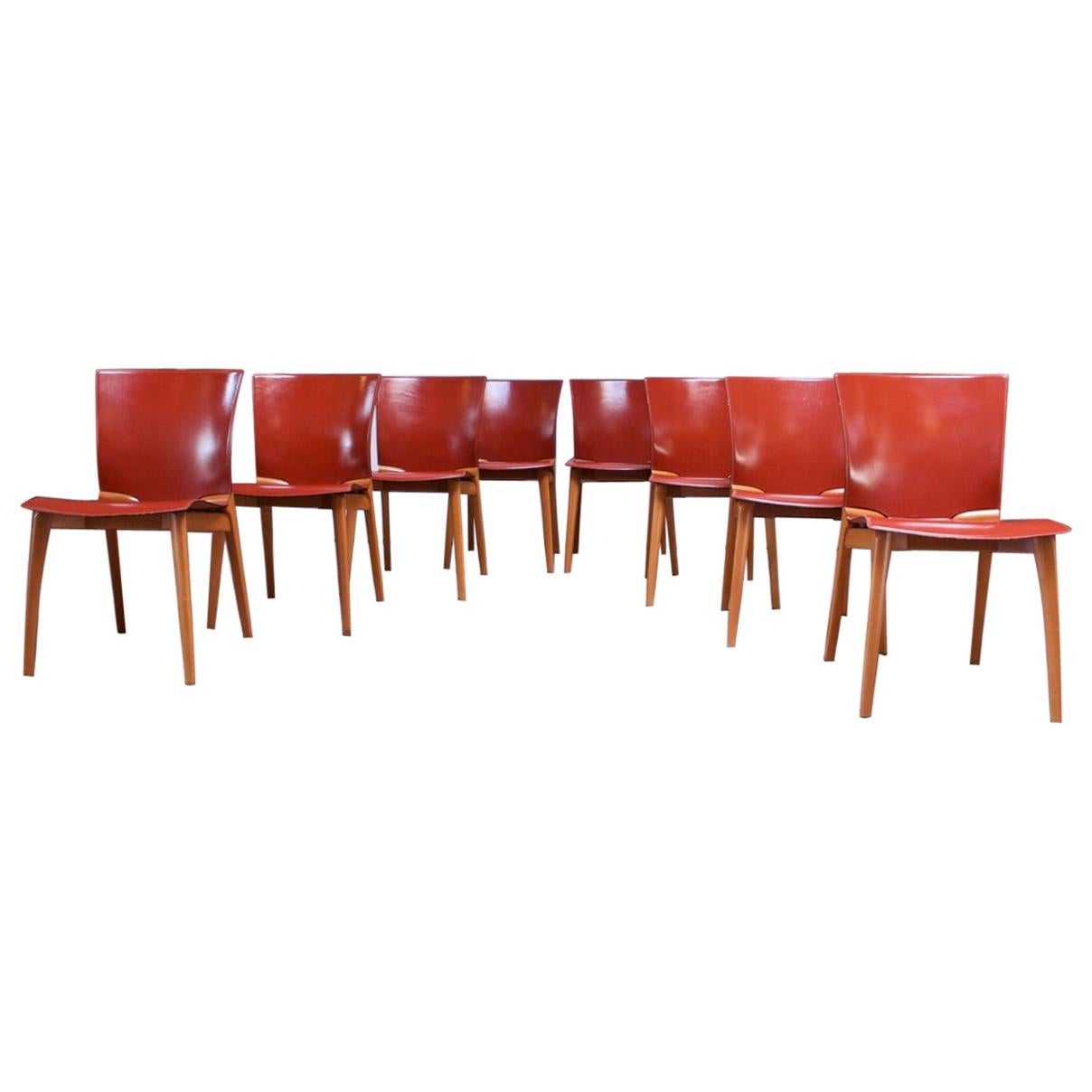 Set of Eight Josep Llusca ‘Cos’ Chairs for Cassina in Red Leather and Beechwood