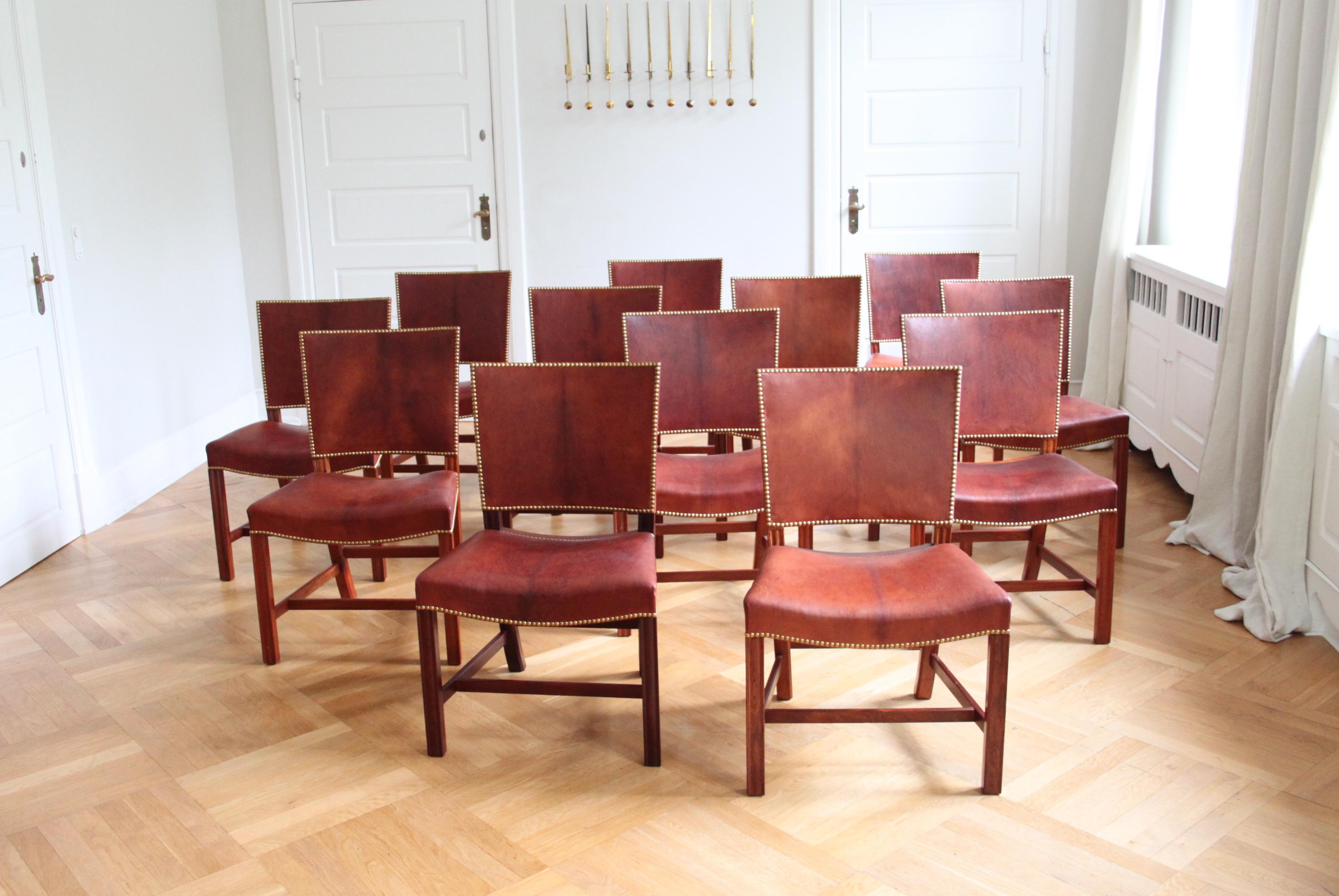 Set of Eight Kaare Klint Red Chairs, Rud Rasmussen, Niger Leather and Mahogany In Good Condition For Sale In Copenhagen, DK