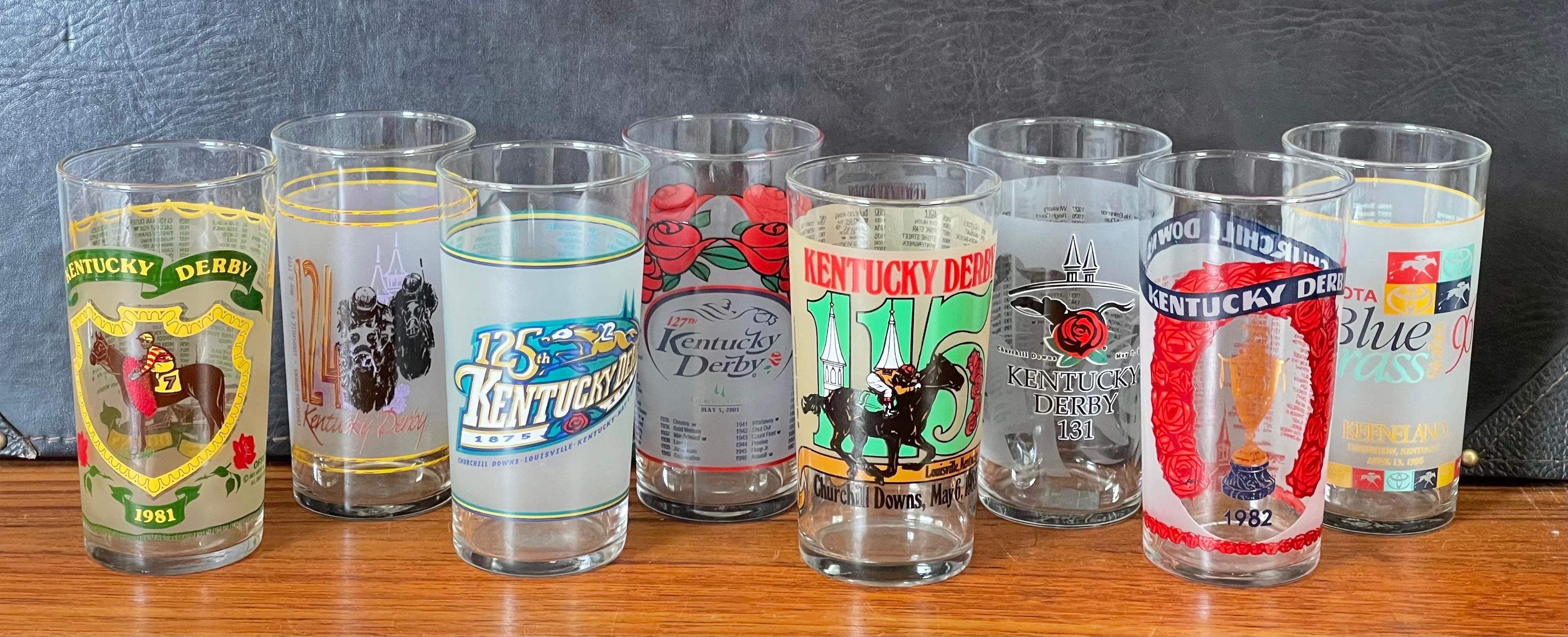 Great set of eight Kentucky Derby official mint julep glasses, circa 1980s and later from Churchill Downs in Lexington, KY. Each glass is dated and lists the previous winners of the race; there are seven Kentucky Derby glasses dated 1981, 1982,