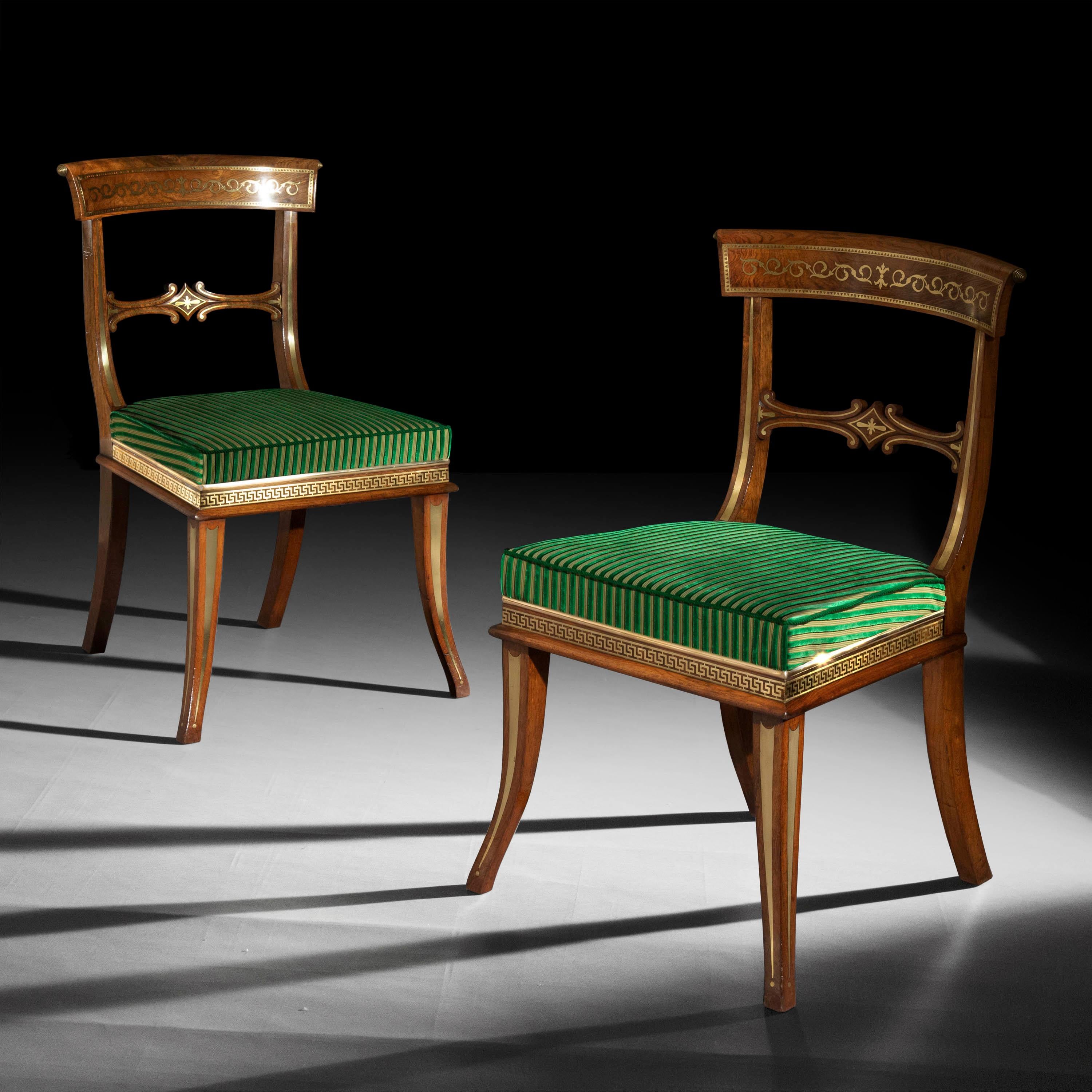 An exceptional pair of Regency period chairs, of well-shaped 'Klismos' outline and rare generous proportions, attributed to George Oakley of Bond Street. London, circa 1810. 

Four pairs available: to purchase a set 8 eight chairs, please, select
