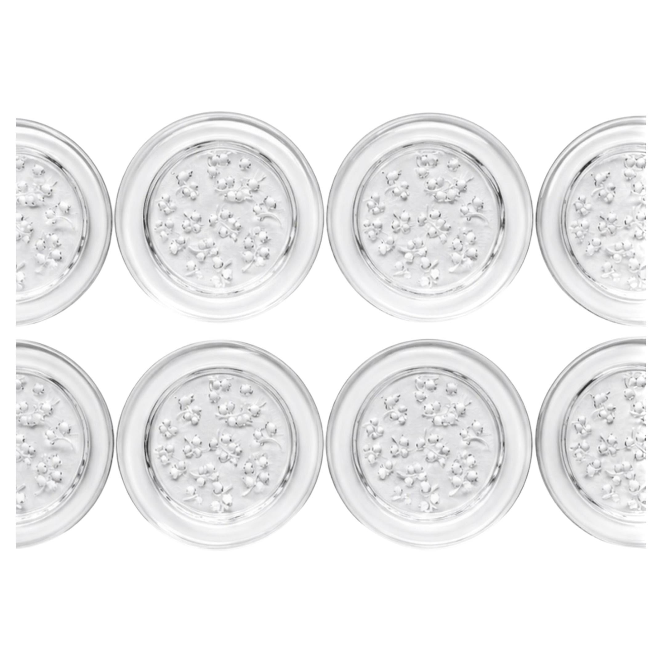 Set of Eight Lalique France Signed “Muguet” Crystal Salad Plates For Sale