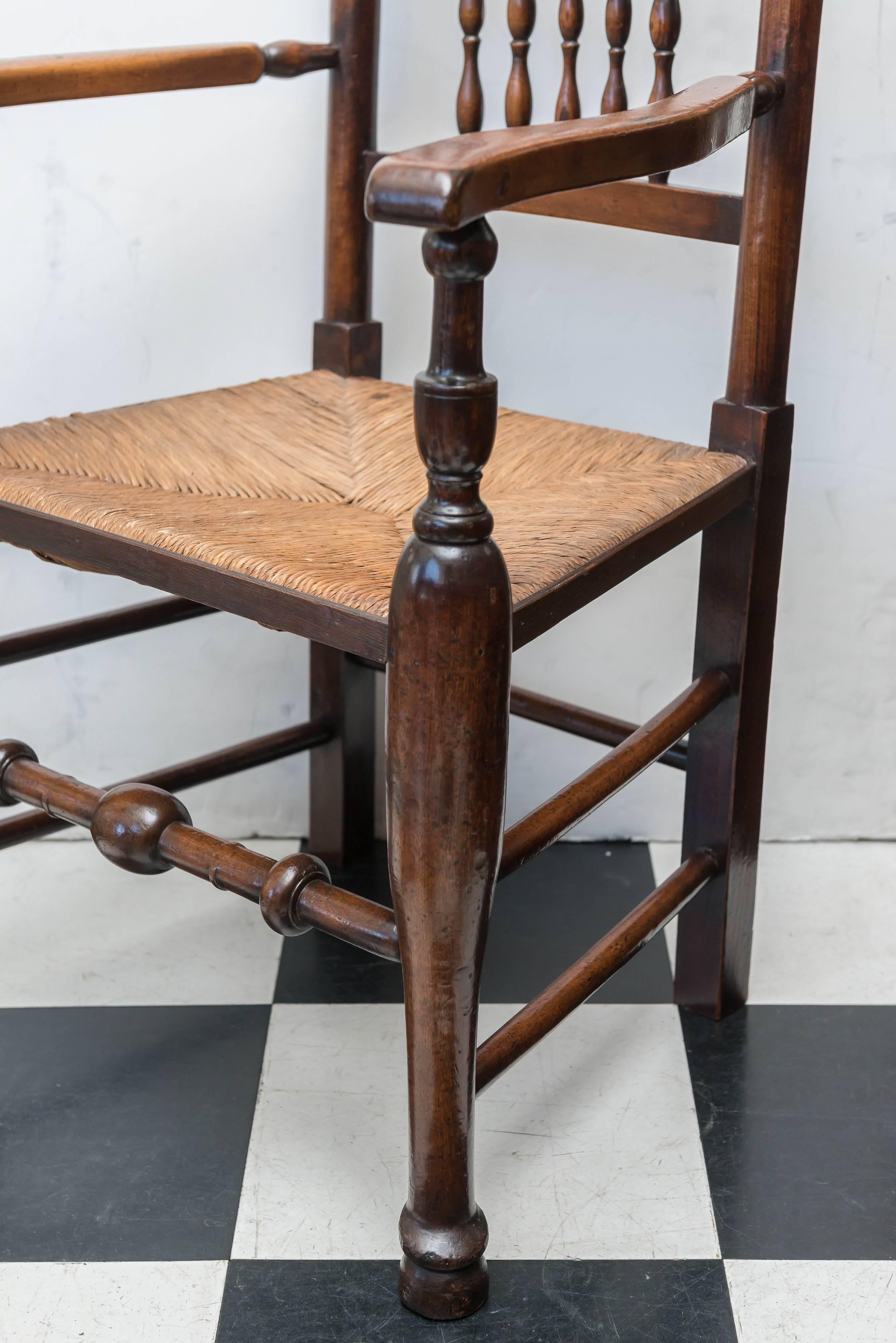 Carved Set of Eight Late 18th-Early 19th Century English Ladder Back, Rush Seat, Chairs
