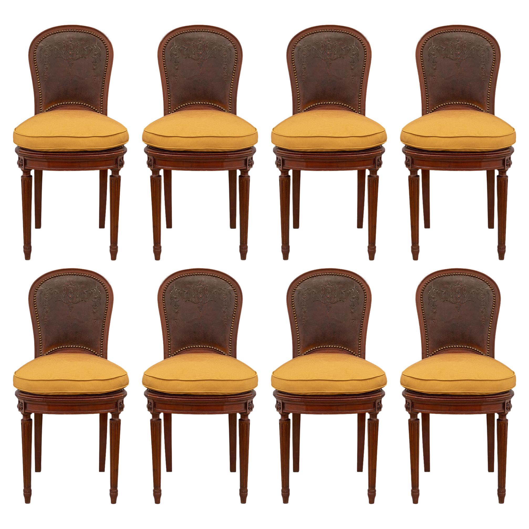 Set of Eight Late 19th Century Louis XVI Style Mahogany and Leather Chairs For Sale