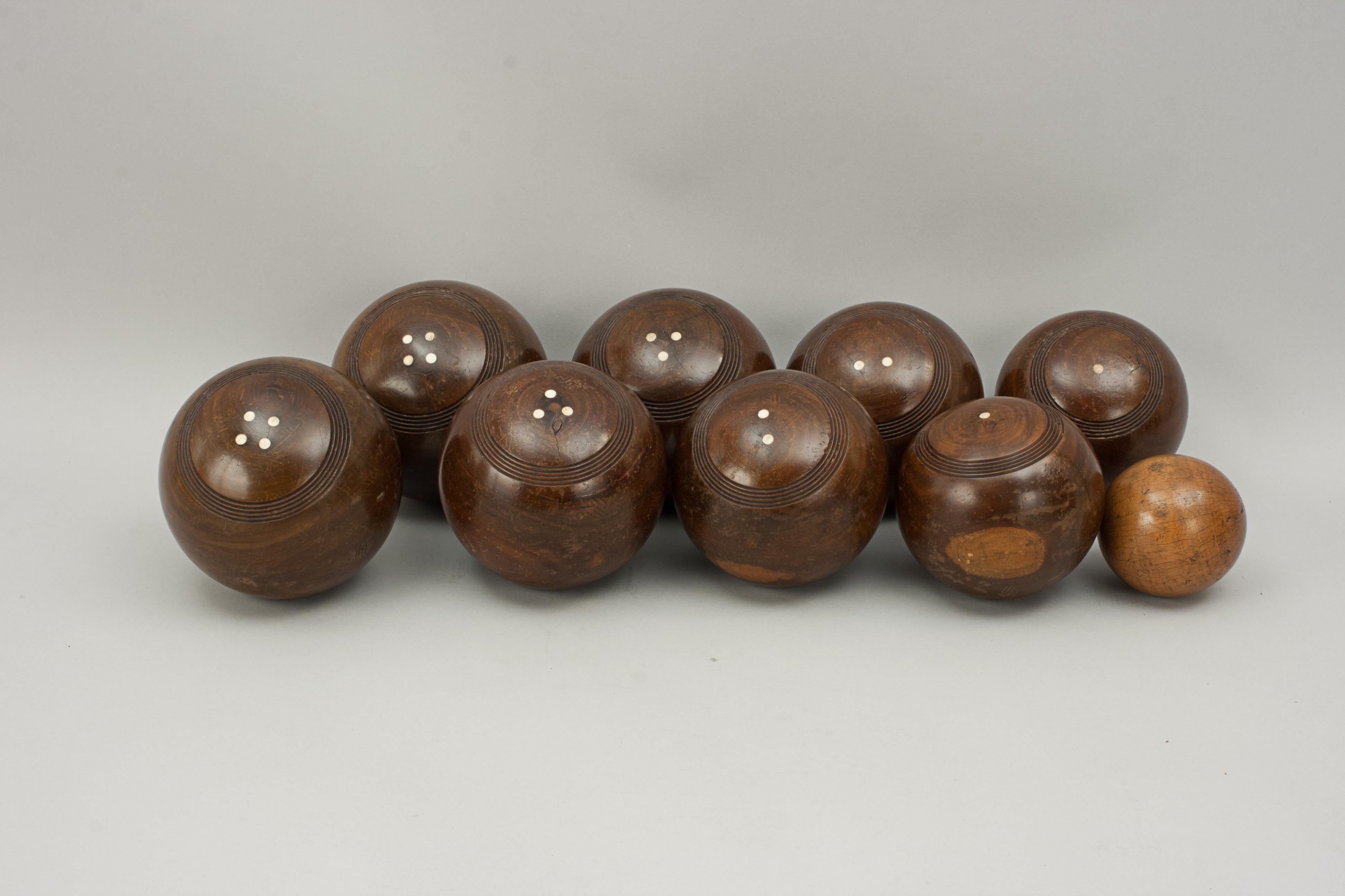 Late 19th Century Set of Eight Lawn Bowls in Pine Box with Rules