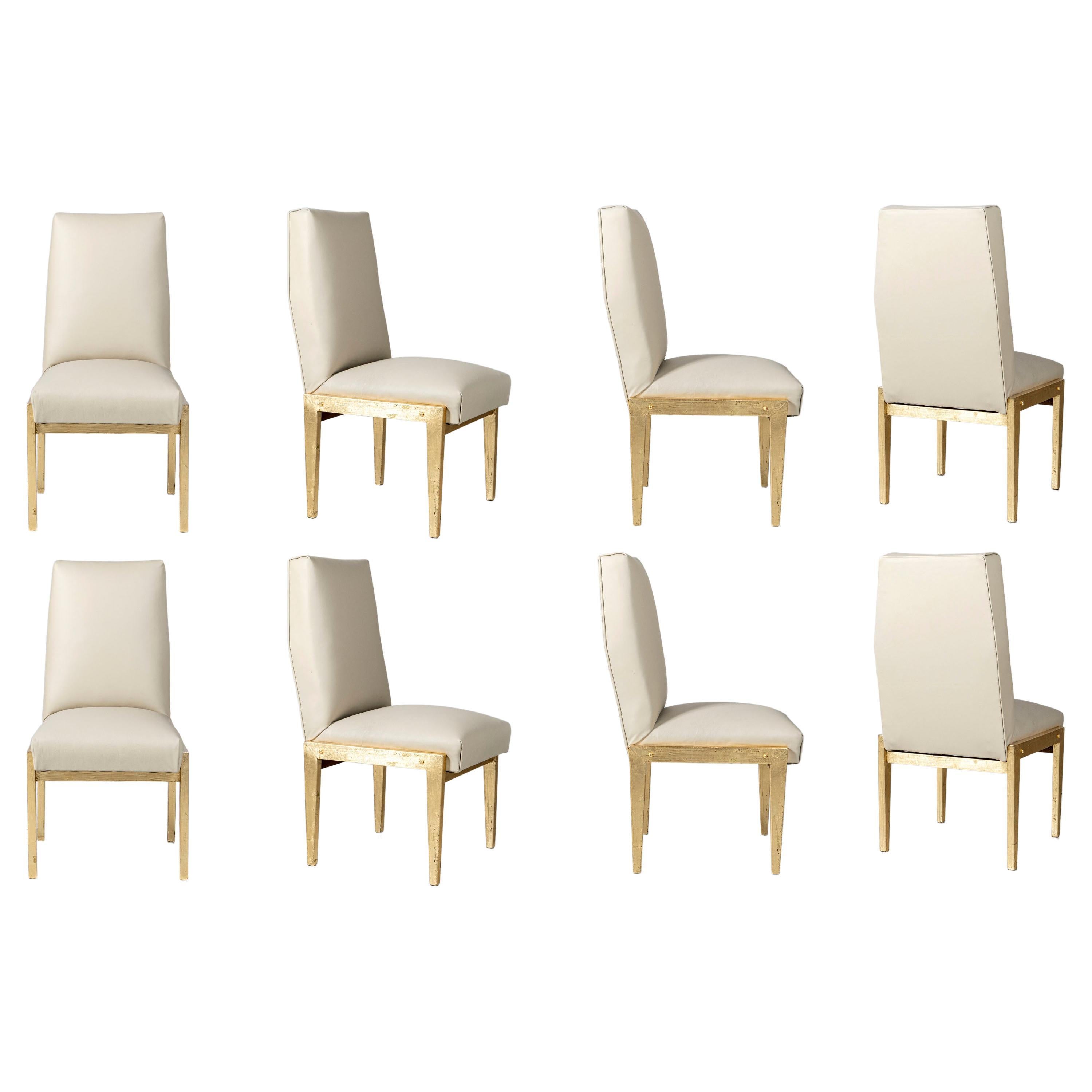 Set of Eight Leather and Gold Leaf Chairs, Italy, Mid-20th Century