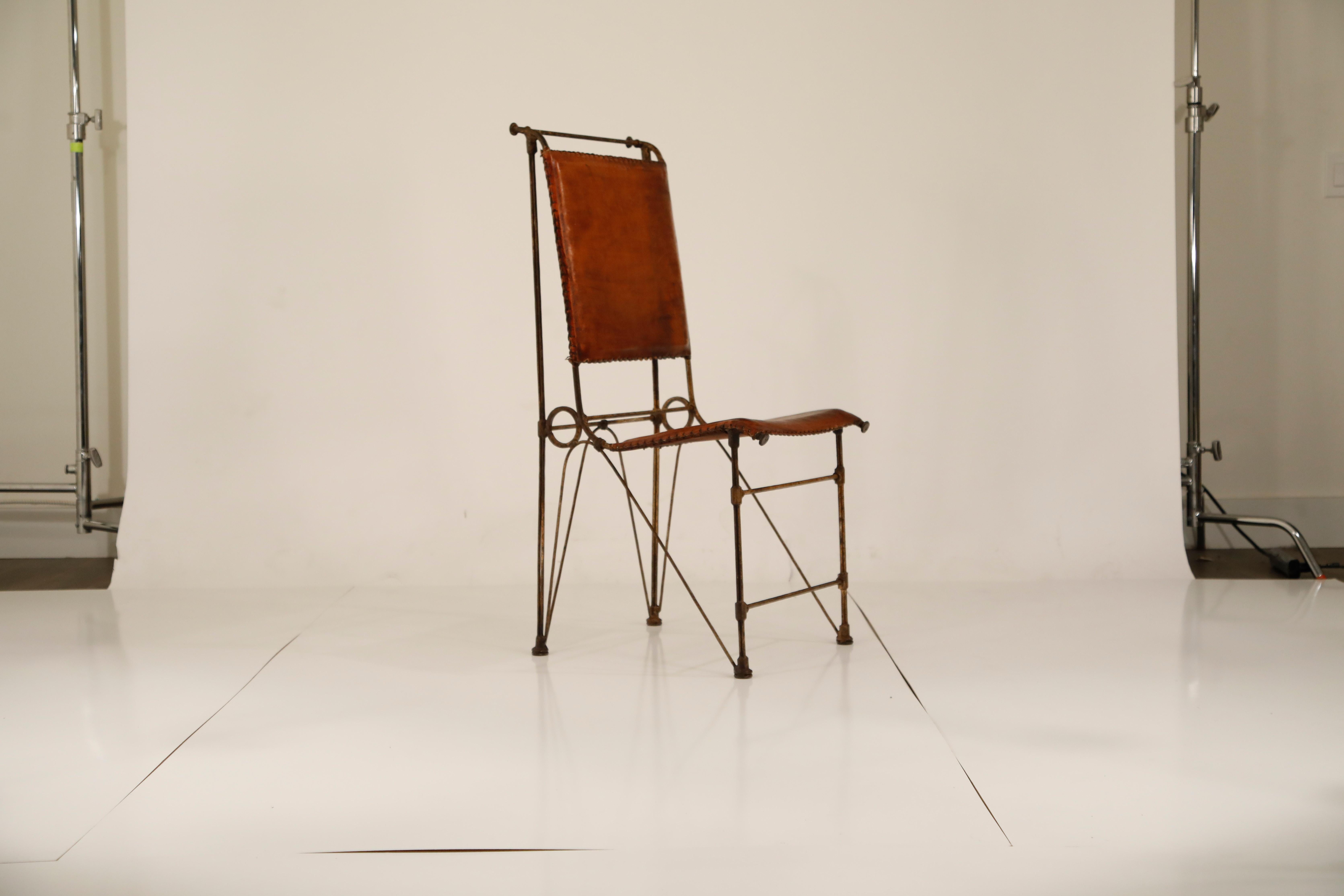 Brutalist Set of Eight Leather and Wrought Iron Side Chairs after Ilana Goor