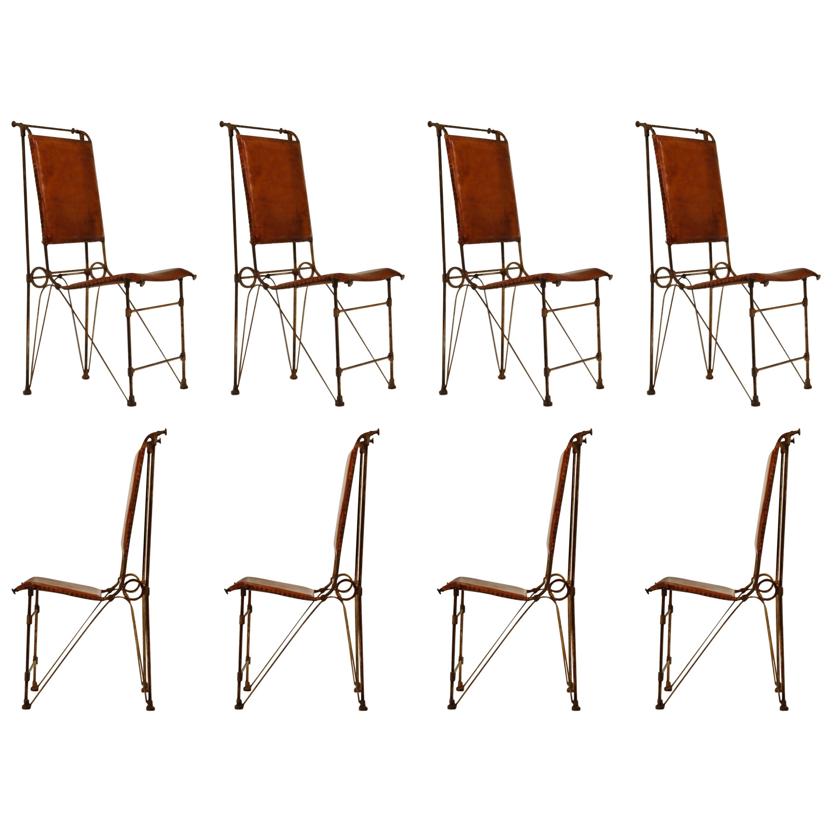Set of Eight Leather and Wrought Iron Side Chairs after Ilana Goor