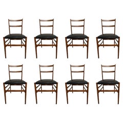 Set of Eight Leggera Chairs in Wood and Black Leather by Cassina 1950s