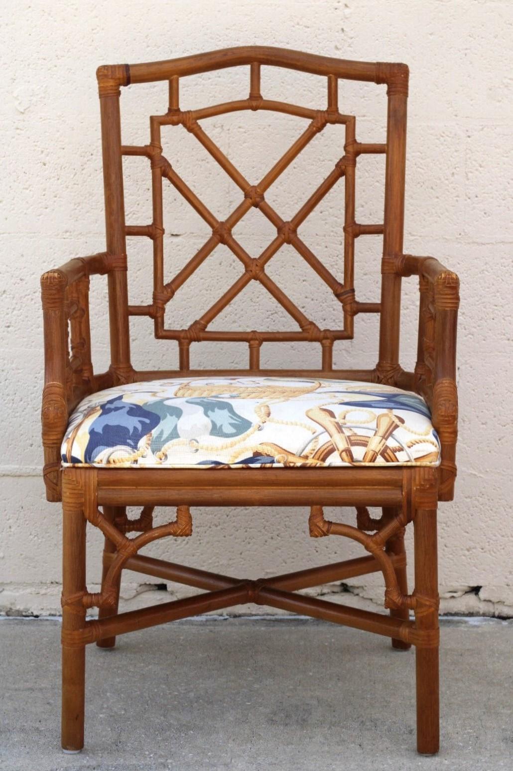 Set of Eight Lexington Chinese Chippendale Rattan Dining Armchairs For Sale 9