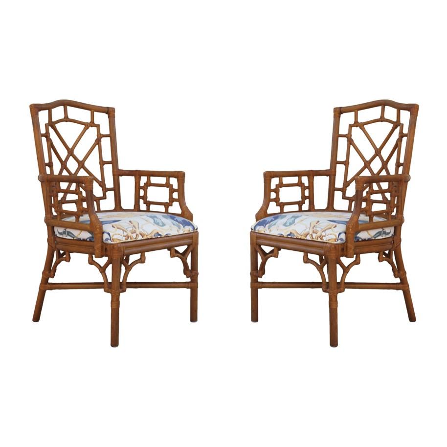 Hand-Crafted Set of Eight Lexington Chinese Chippendale Rattan Dining Armchairs For Sale