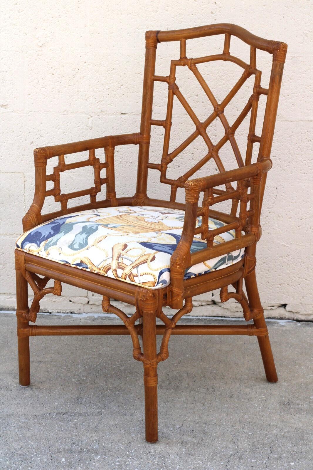 Set of Eight Lexington Chinese Chippendale Rattan Dining Armchairs In Good Condition For Sale In Vero Beach, FL