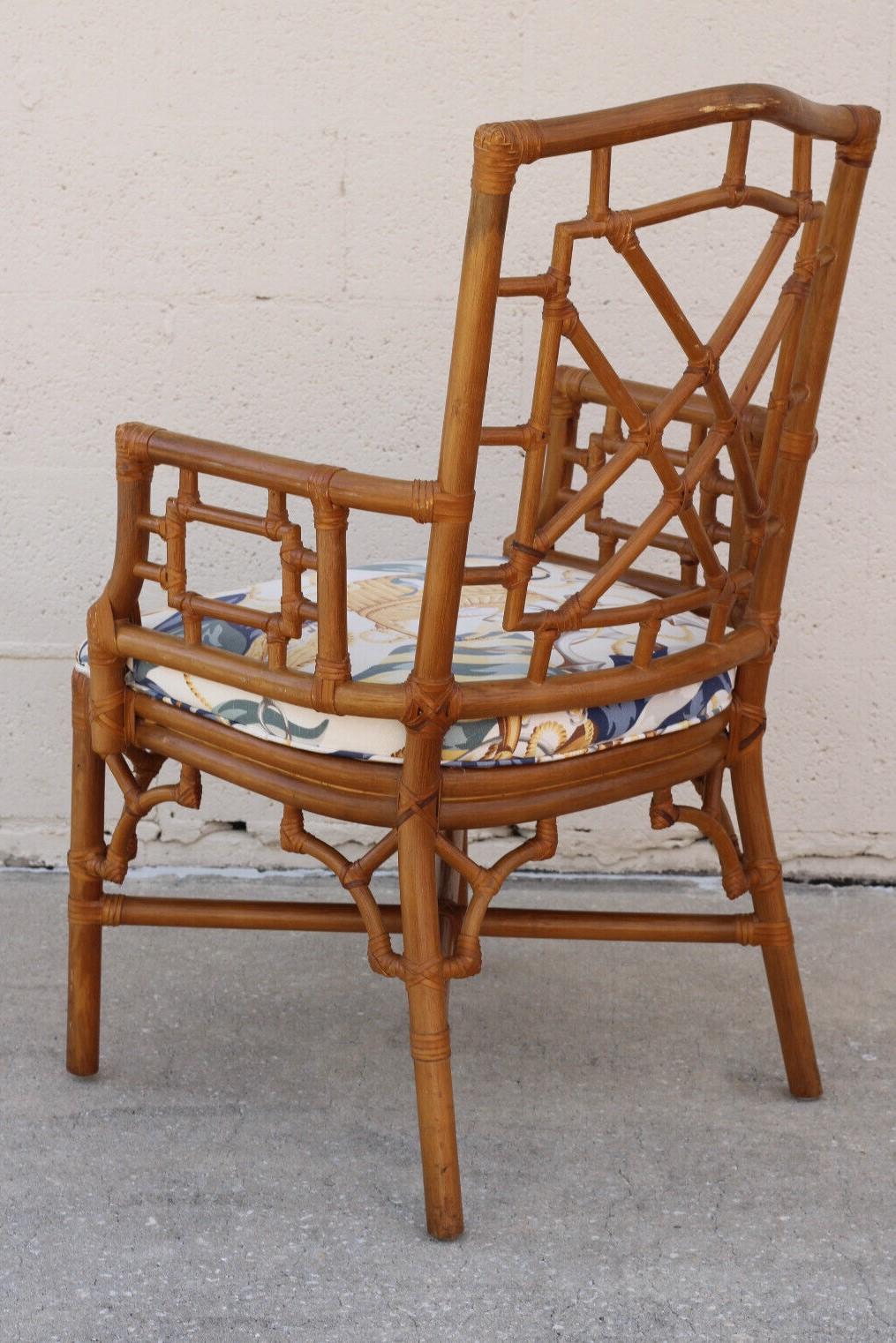 Set of Eight Lexington Chinese Chippendale Rattan Dining Armchairs For Sale 1