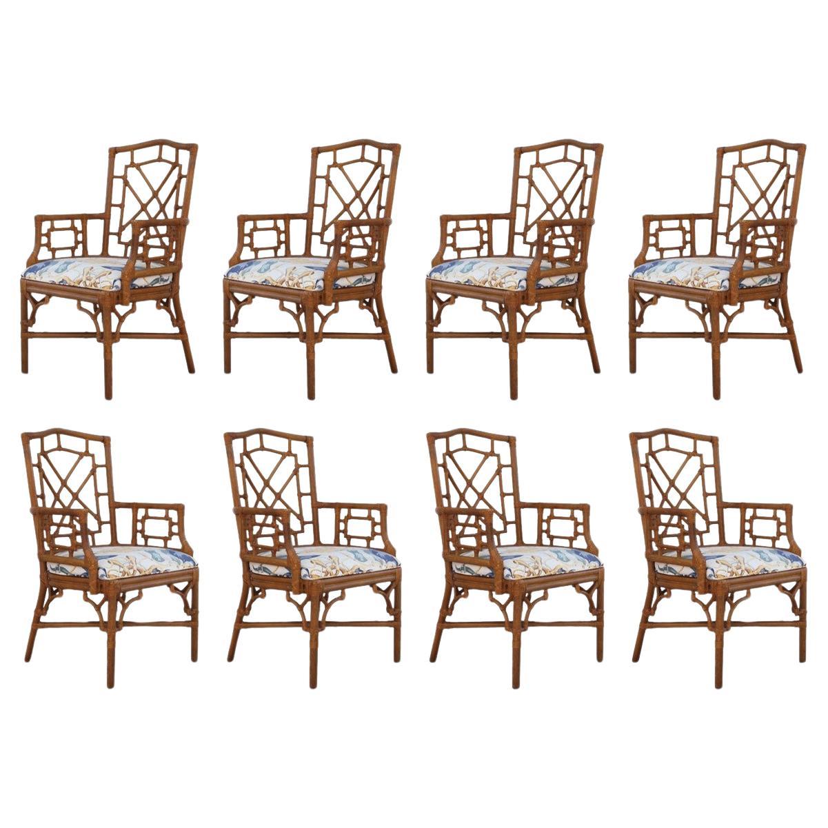Set of Eight Lexington Chinese Chippendale Rattan Dining Armchairs For Sale