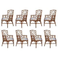 Used Set of Eight Lexington Chinese Chippendale Rattan Dining Armchairs