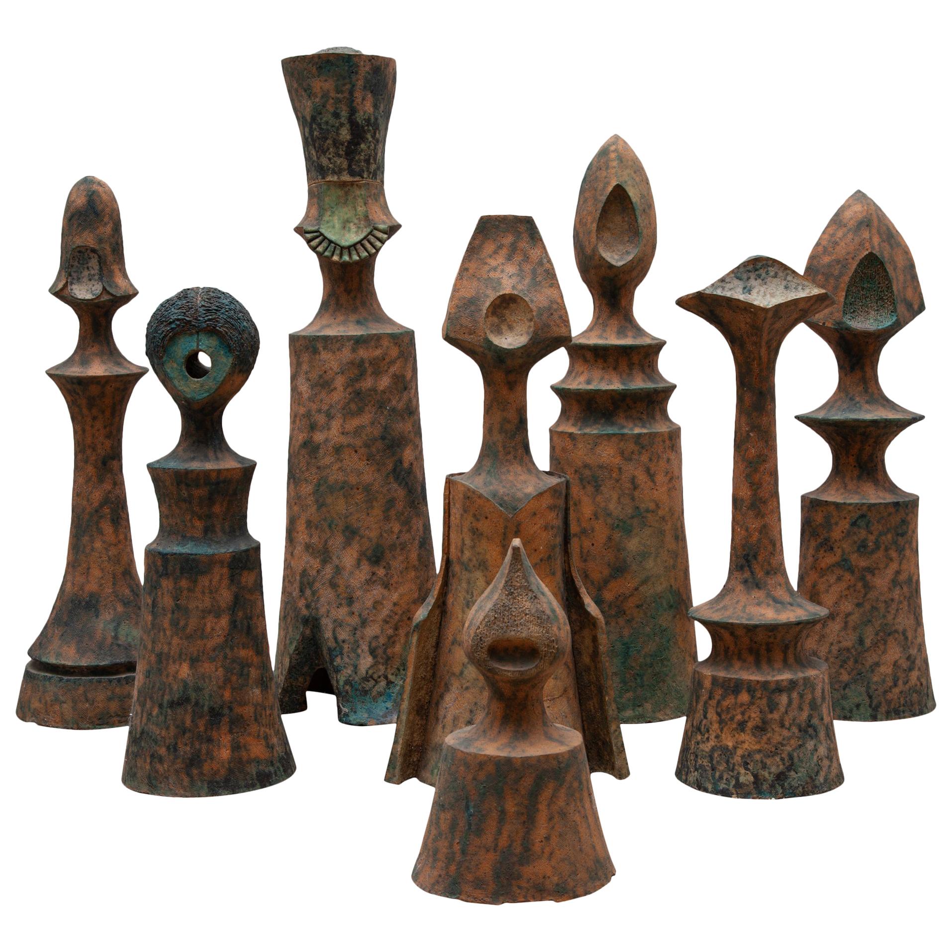Set of Eight Life-Size Decorative and Sculptural Ceramic Chess Pieces, 1970s