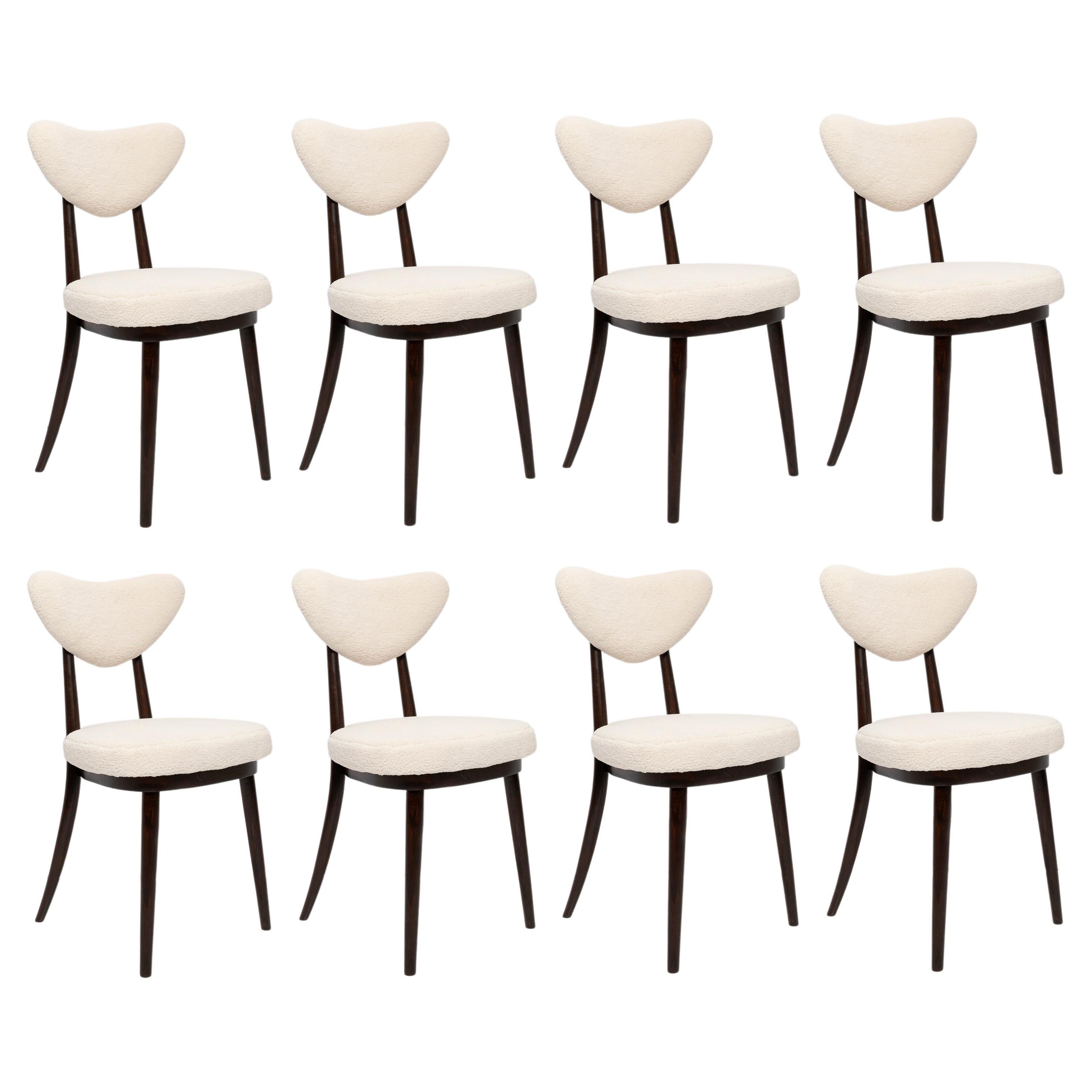 Set of Eight Light Boucle Heart Chairs, Poland, 1960s