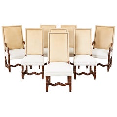 Set of Eight Linen and Leather Louis XIV Os de Mouton Dining Chairs