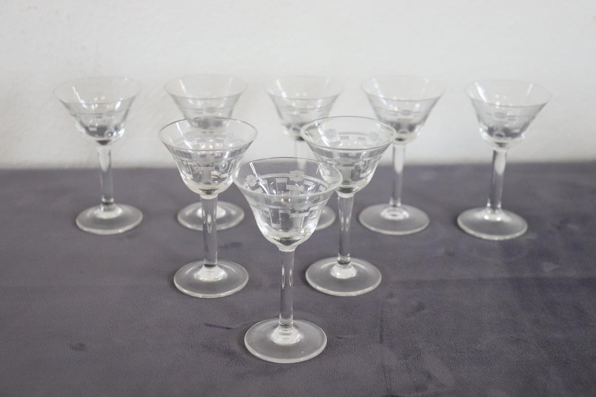 Beautiful and refined Italian crystal glasses complete for eight people at the table. The glasses are transparent with refined engraved decoration. The size of the glass is perfect for serving a liqueur.


 