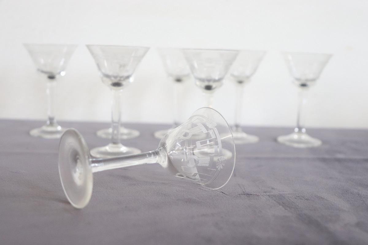 Italian Set of Eight Liqueur Crystal Glasses with Refined Decoration For Sale