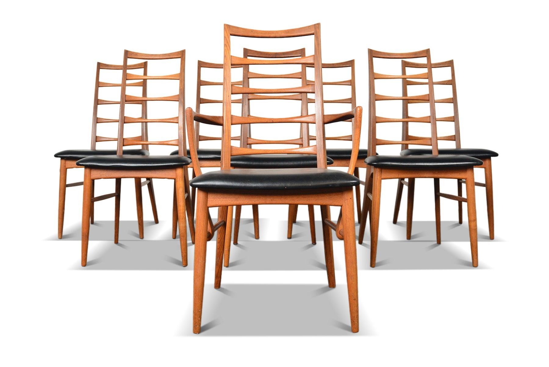 Origin: Denmark
Designer: Niels Koefoed
Manufacturer: Koefoed Hornslet Møbelfabrik
Era: 1960s
Dimensions (side chairs): 18″ wide x 16.5″ deep x 38″ tall, Seat: 17.5″ tall, Captains chair: 21.5