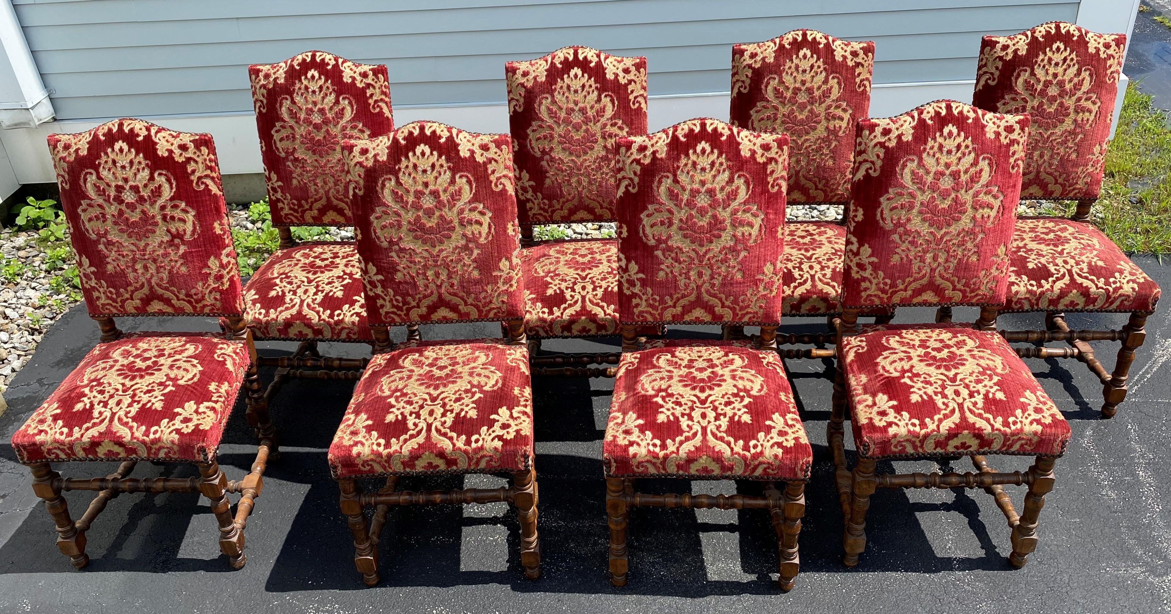 A fine set of Louis XIII style walnut side chairs in floral red velour upholstery with nail finish border, padded backs, arched crest, and nicely turned legs with H form stretchers. The set is French in origin, dating to the 19th century, and is in