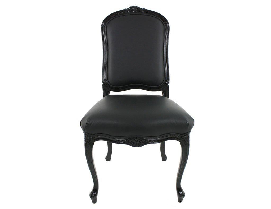 Woodwork Set of Eight Louis XV Black Lacquered Leather Dining Chairs