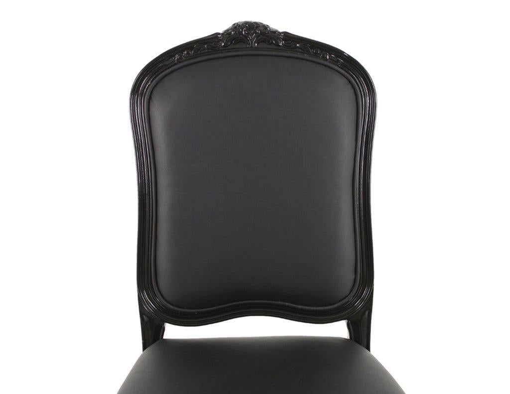 Set of Eight Louis XV Black Lacquered Leather Dining Chairs In Excellent Condition In North York, ON