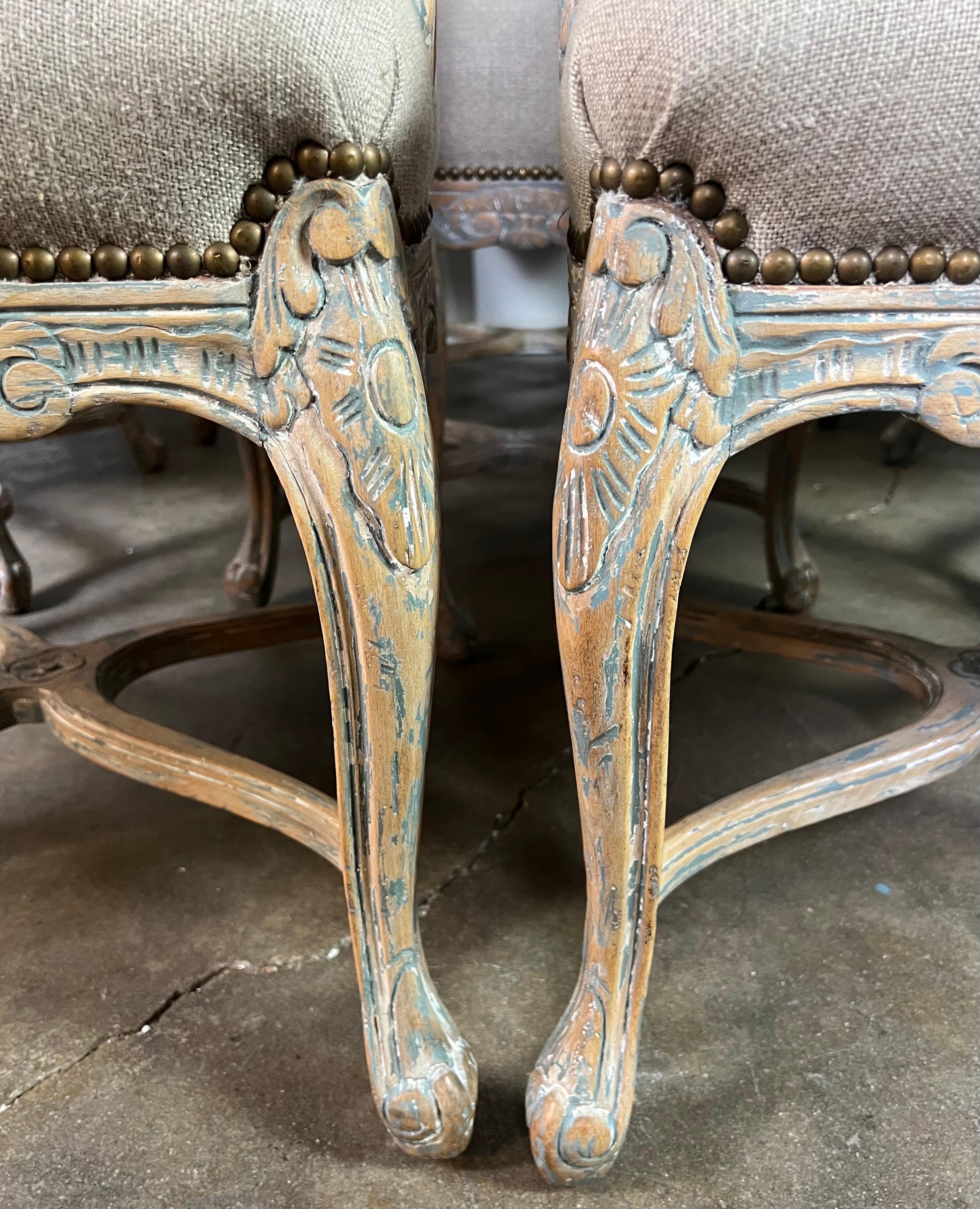 Set of Eight Louis XV Style Painted Dining Chairs C. 1930's In Distressed Condition For Sale In Los Angeles, CA