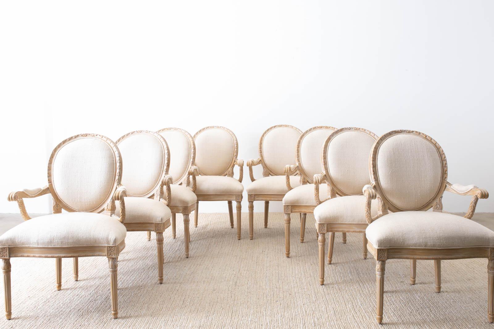 American Set of Eight Louis XVI Gustavian Style Dining Armchairs