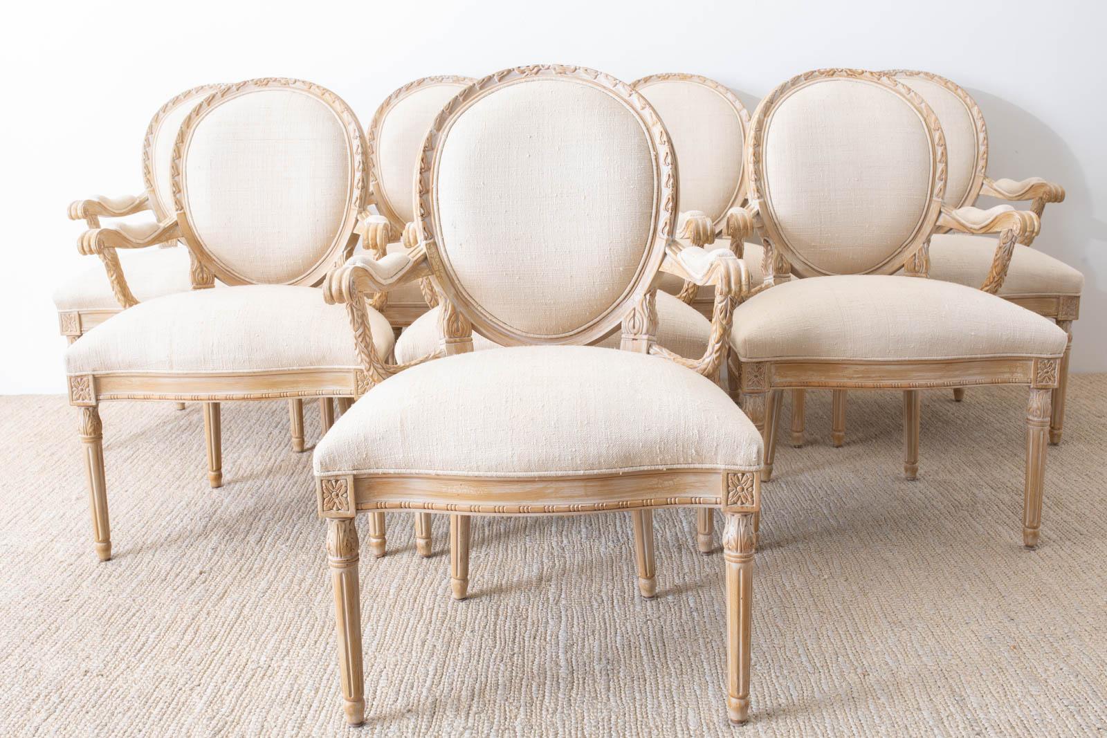 Hand-Crafted Set of Eight Louis XVI Gustavian Style Dining Armchairs