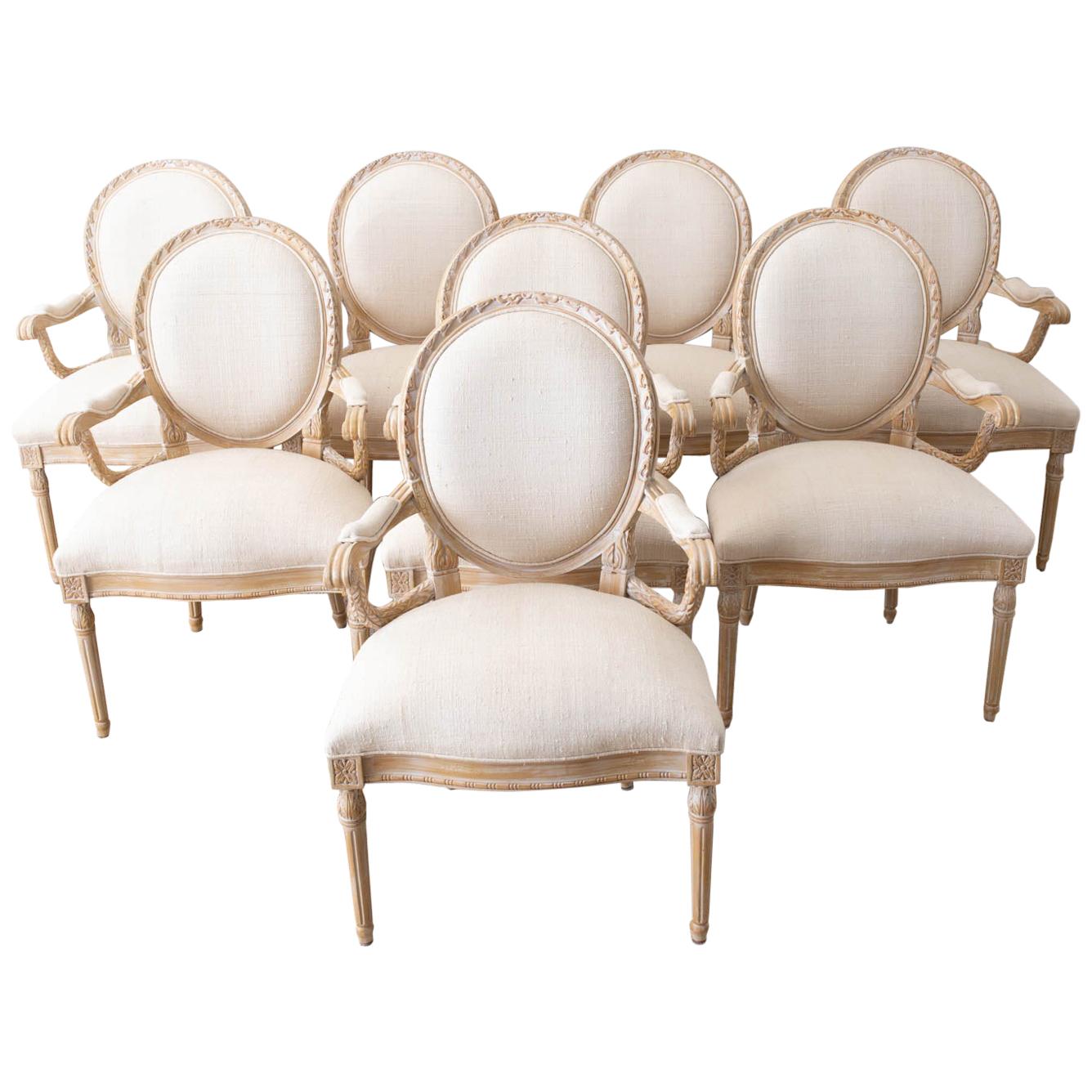 Set of Eight Louis XVI Gustavian Style Dining Armchairs