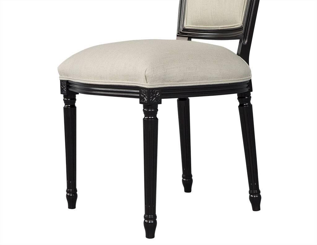 Fabric Set of Eight Louis XVI Style Black Lacquer Dining Chairs