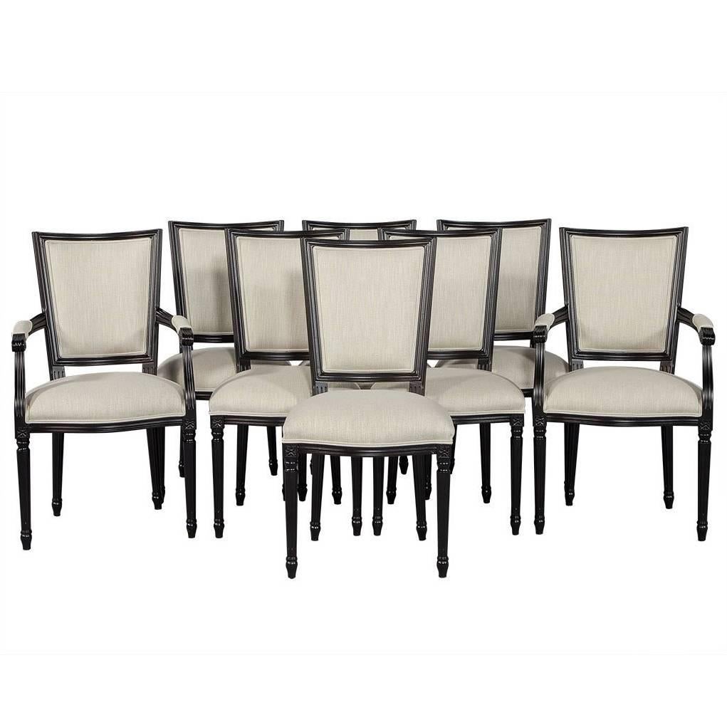 Set of Eight Louis XVI Style Black Lacquer Dining Chairs