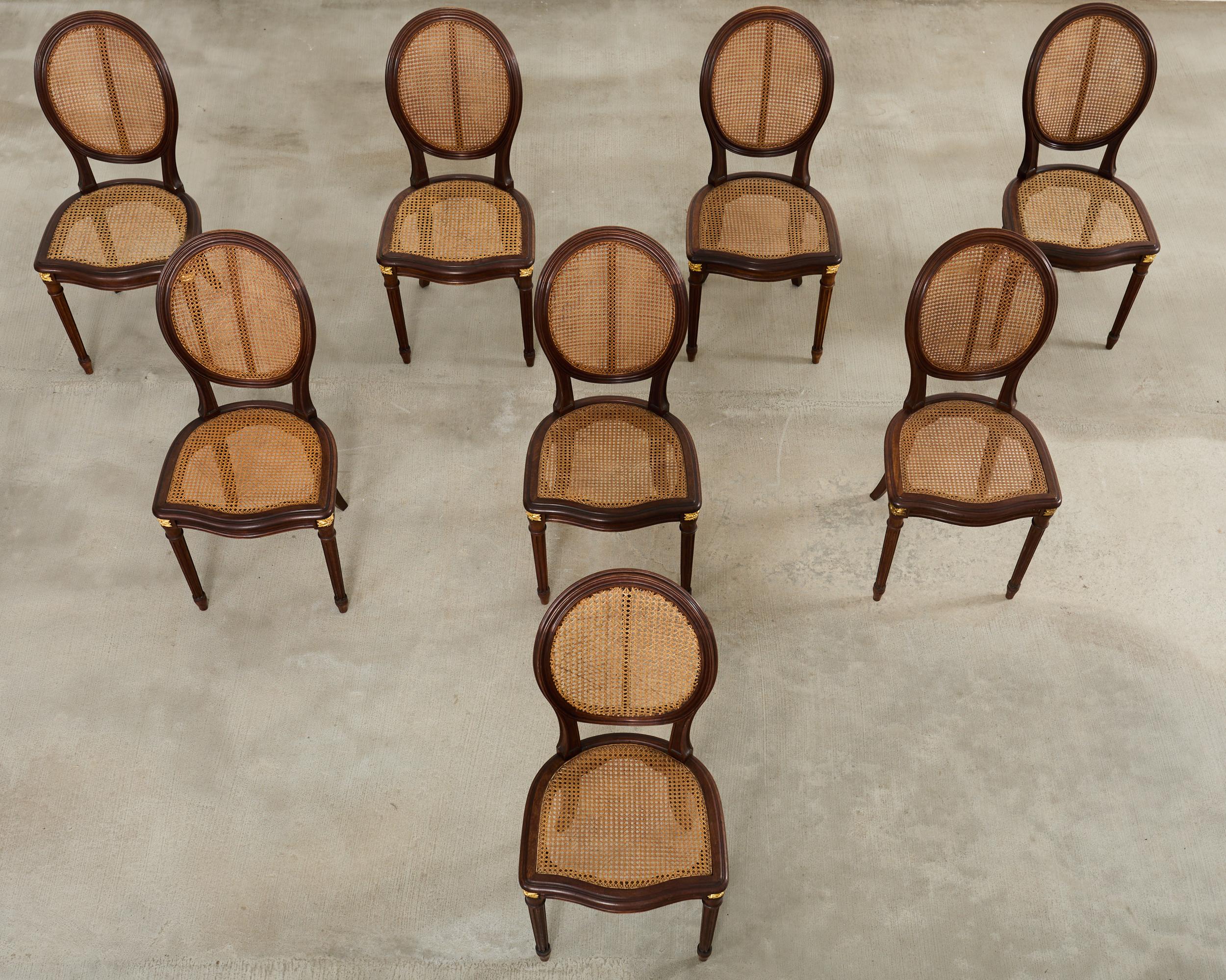 Fait main Set of Eight Louis XVI Style Bronze Ormolu Caned Dining Chairs en vente