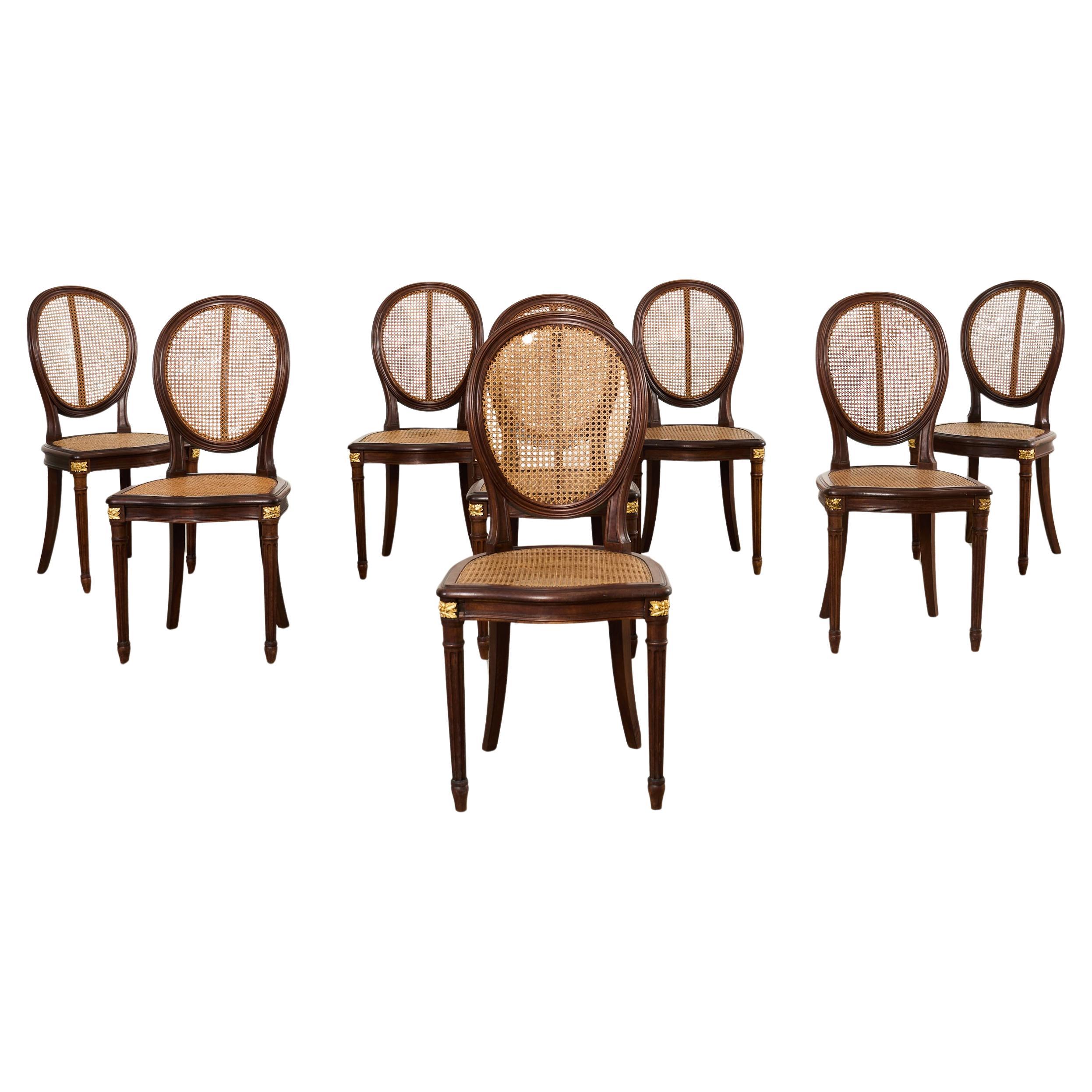 Set of Eight Louis XVI Style Bronze Ormolu Caned Dining Chairs