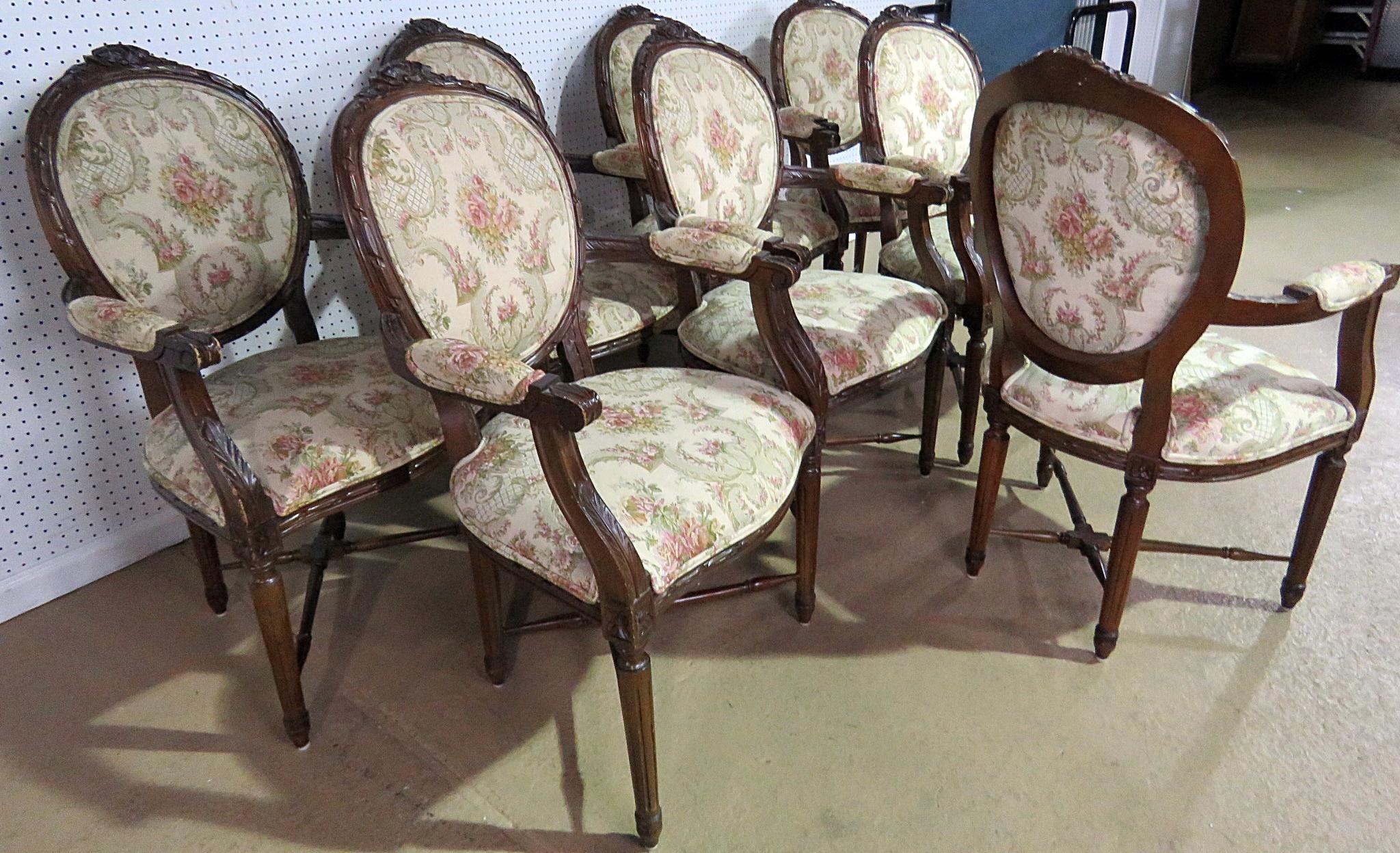 French Set of Eight Cameo Back Louis XVI Style Dining Chairs with Stretcher Bases