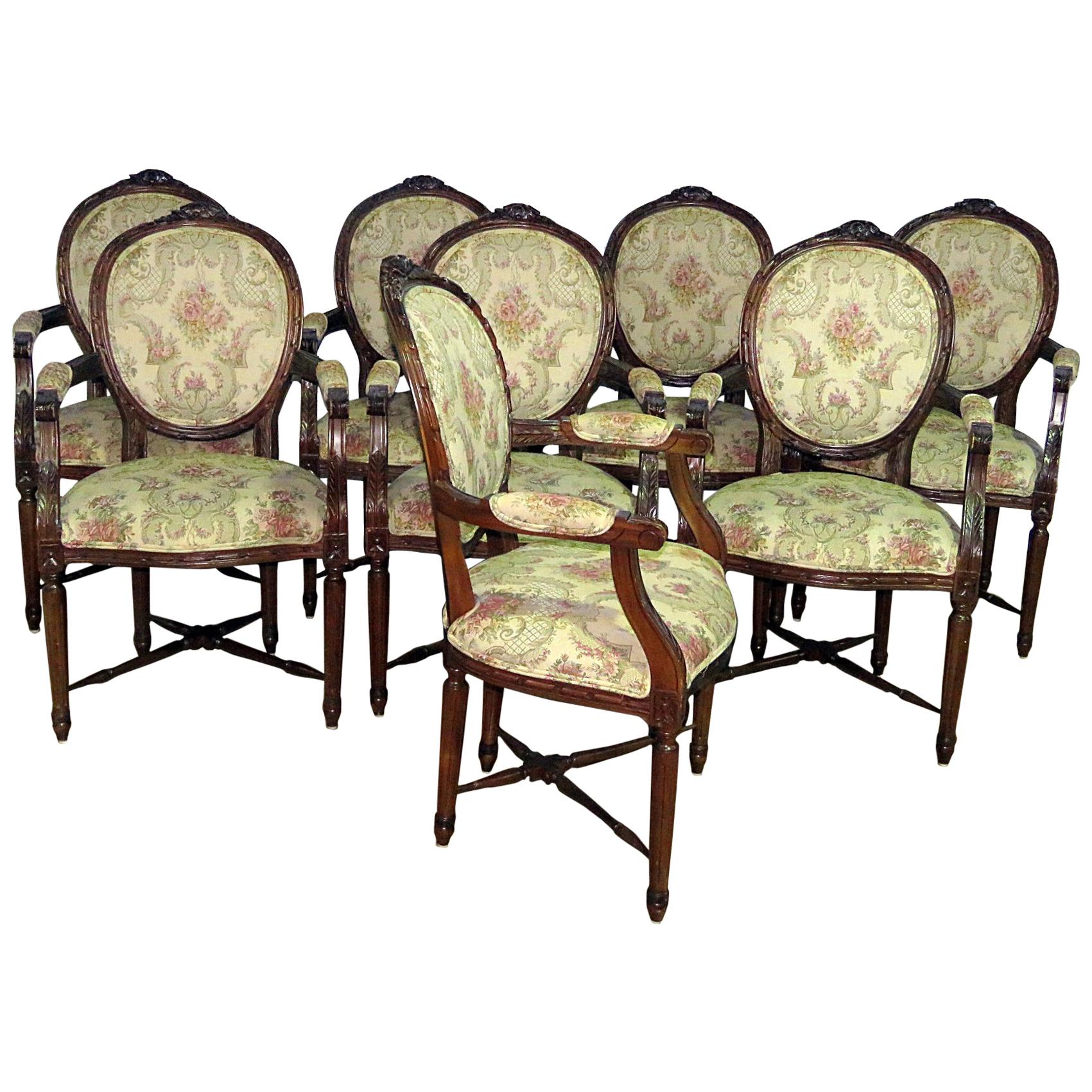 Set of Eight Cameo Back Louis XVI Style Dining Chairs with Stretcher Bases