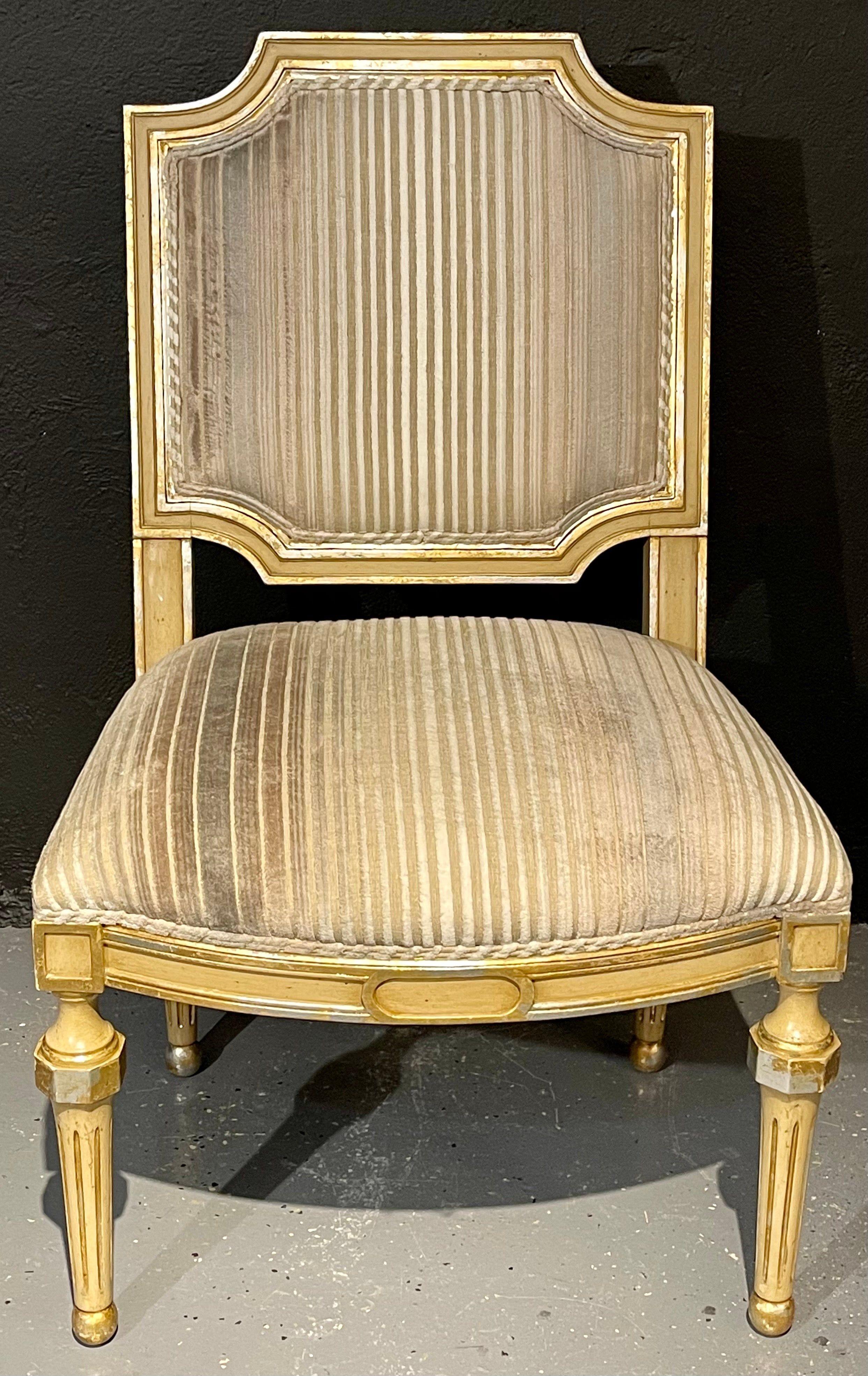Set of Eight Louis XVI Style Dining Chairs Painted and Parcel-Gilt, Jansen Style 3