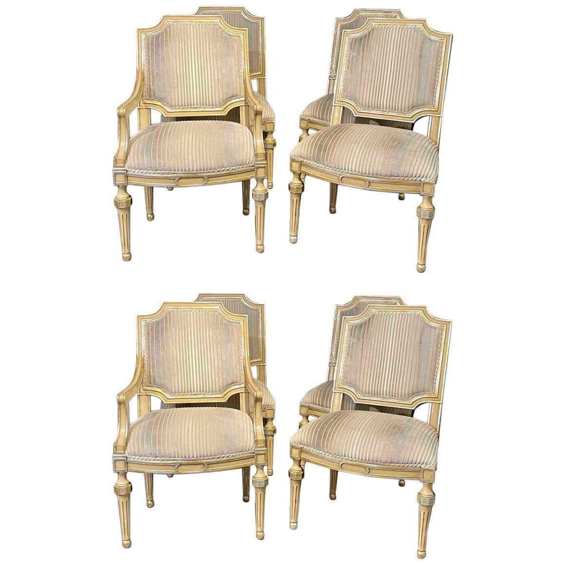 Hollywood Regency Set of Eight Louis XVI Style Dining Chairs Painted and Parcel-Gilt, Jansen Style