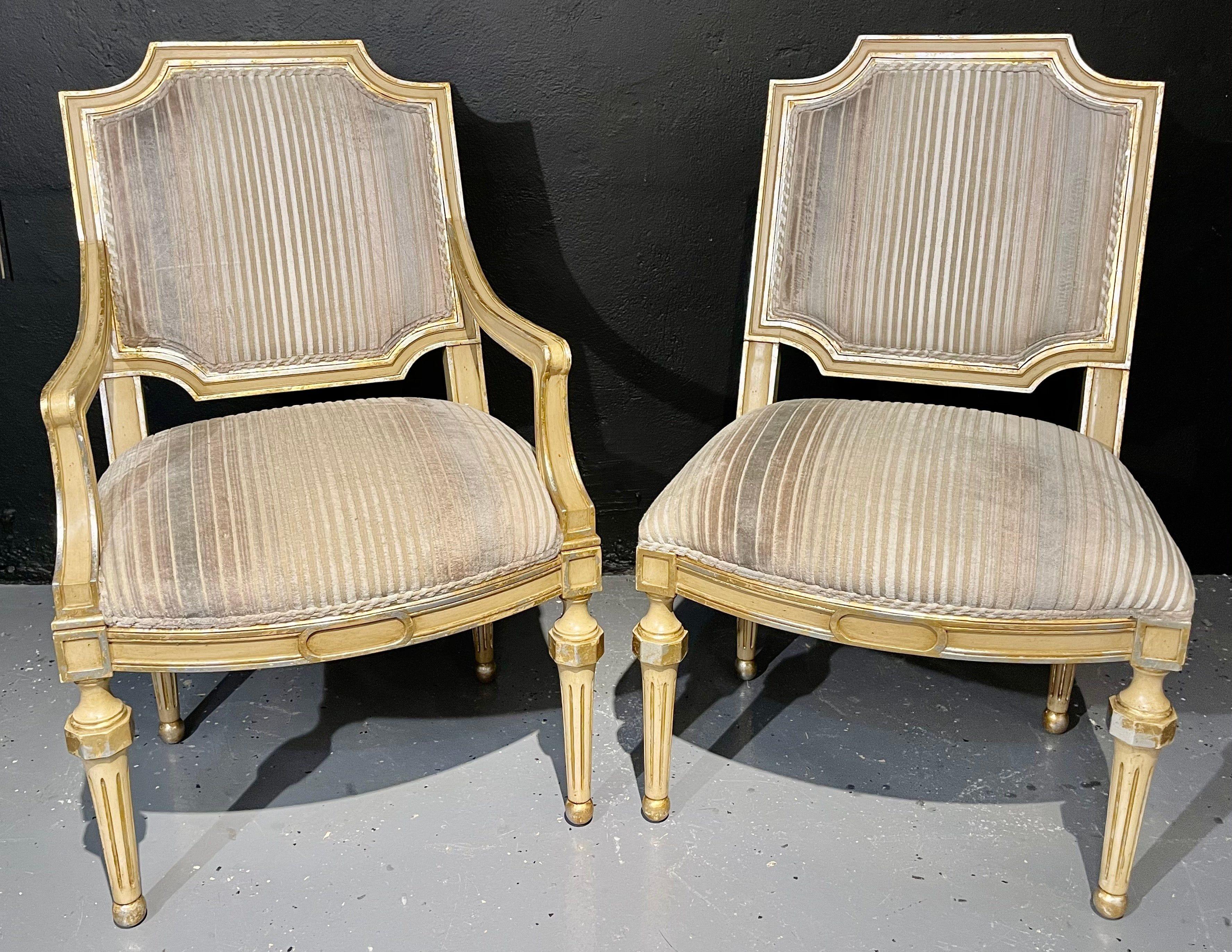 Wood Set of Eight Louis XVI Style Dining Chairs Painted and Parcel-Gilt, Jansen Style