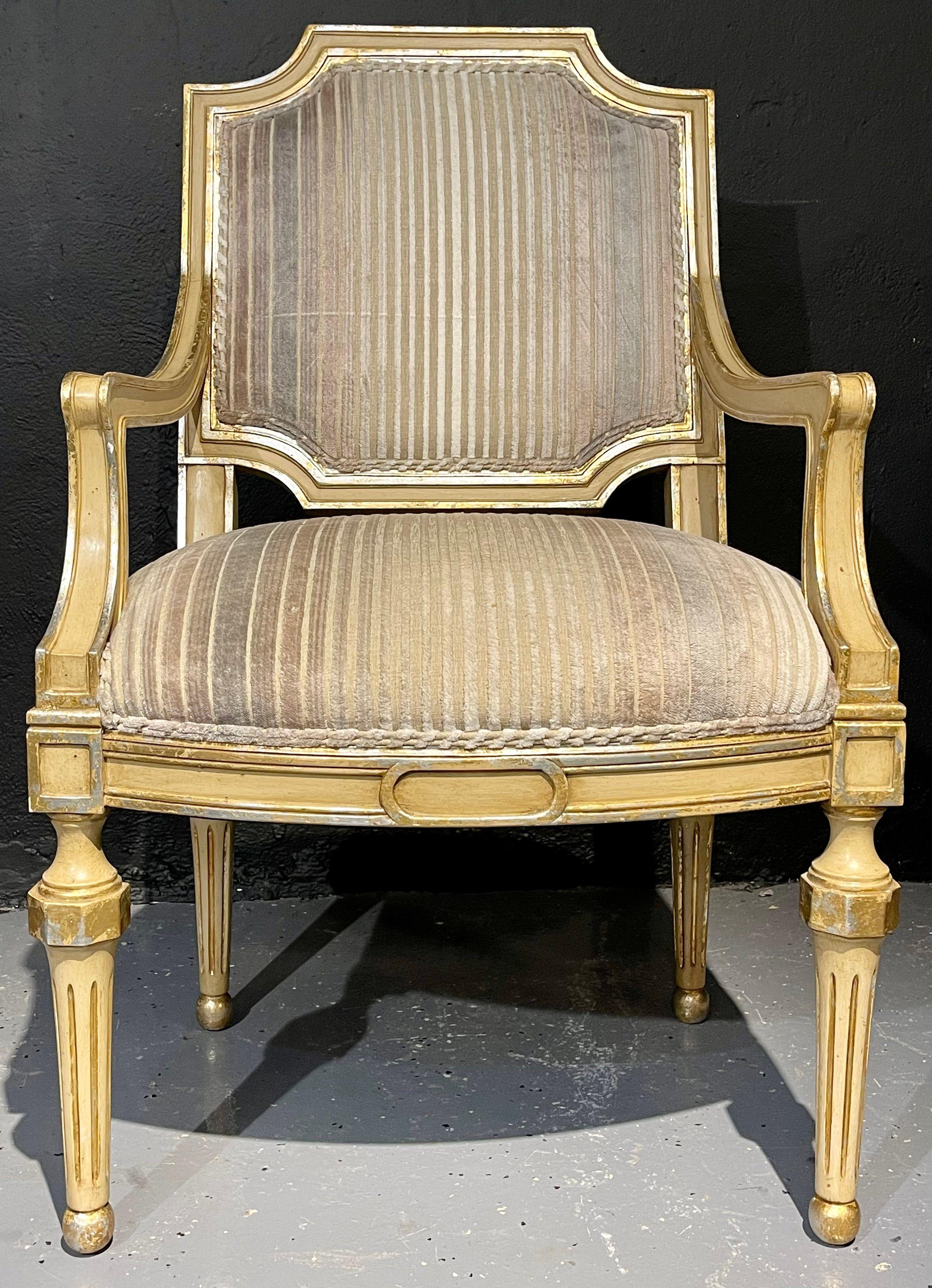 Set of Eight Louis XVI Style Dining Chairs Painted and Parcel-Gilt, Jansen Style 1